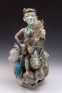 "Jahr des Affen", Figurative Porzellan-Skulptur mit bunter Glasur