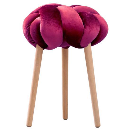 Handmade Hot Cherry Velvet Knot Stool 16X16 inch by Knots Studio