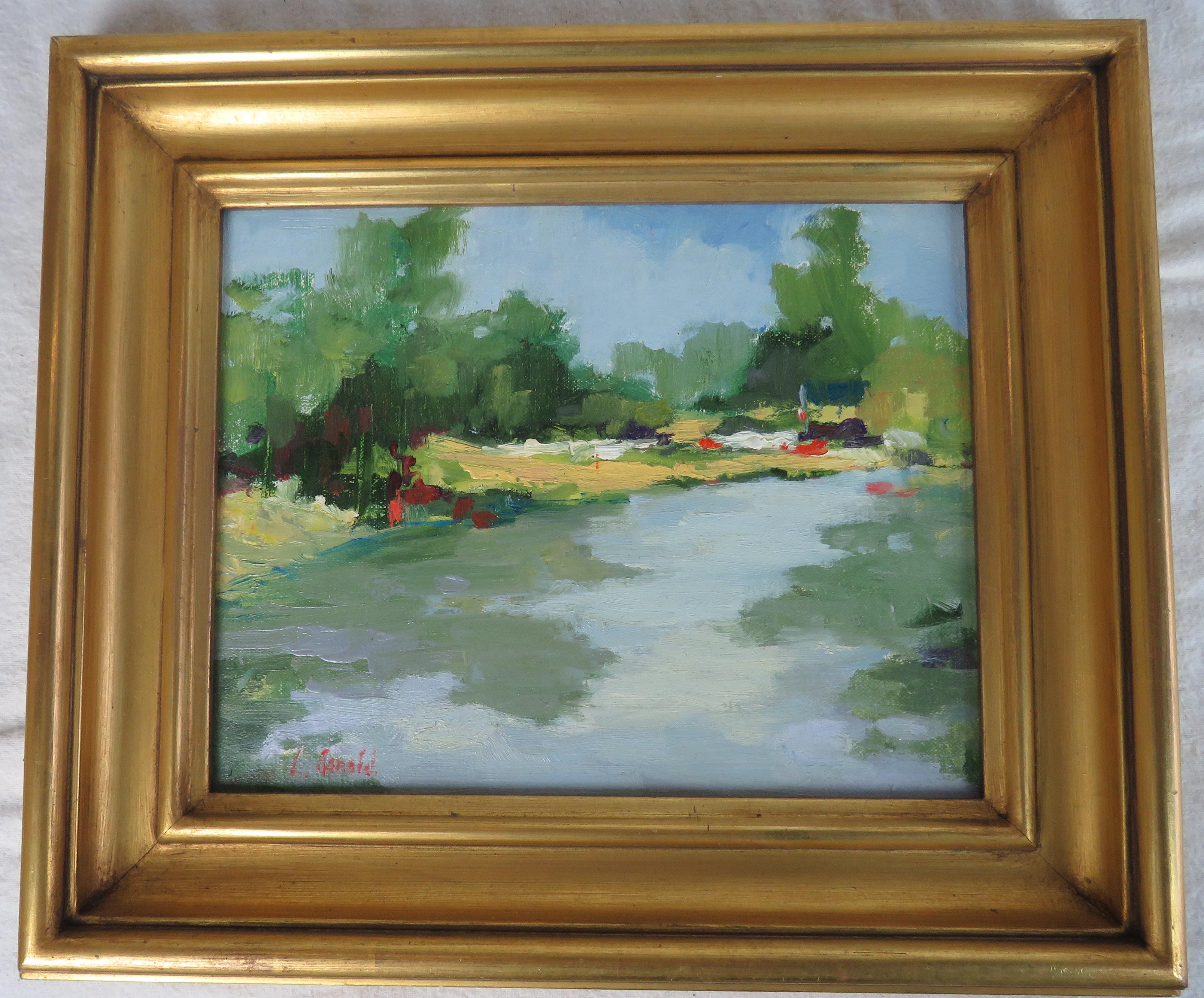 Lovely framed oil on artist's board (8 x 10) of a sunlit bank along a waterway with trees in the background, vibrant use of colors in an abstract approach. Signed lower left, L. Arnold.

From the Artist's Biography:
Linda Arnold is an award-winning