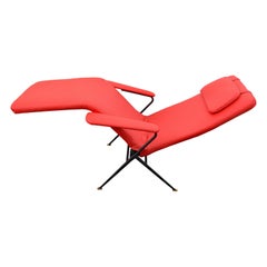 Retro Sunlounger / Deckchair in Red, Chaise Lounge / Capri Lounger, Italy, 1950s