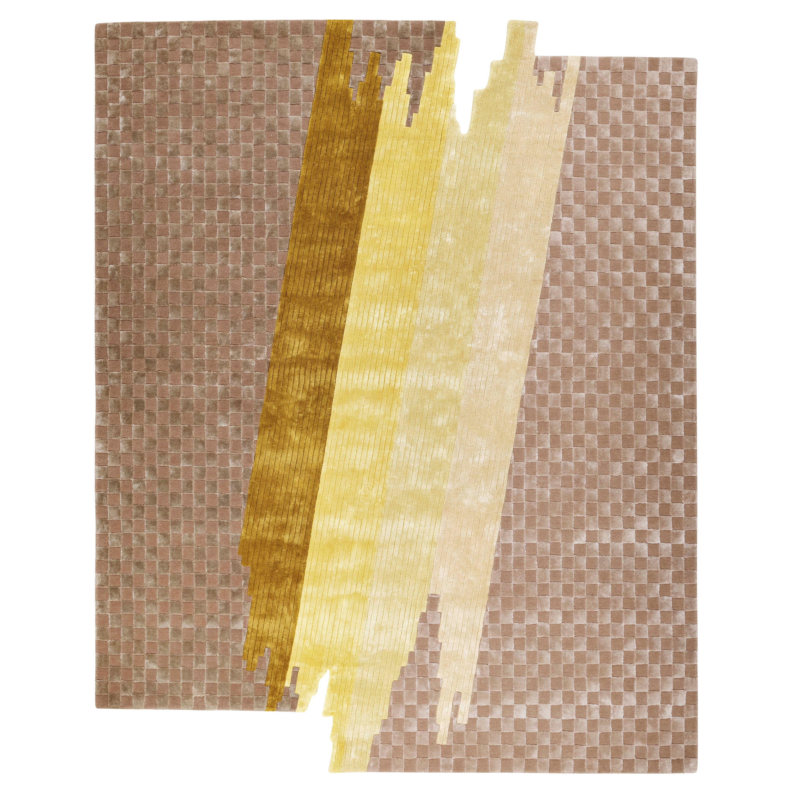 Tapis SUNNEVA en soie et laine de forme moderne, touffeté à la main, couleur verte, fait par des mains