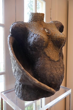 "Gray Heron: Grainne"; Found Object Assemblage with Glass, Clay, Leather; 2018