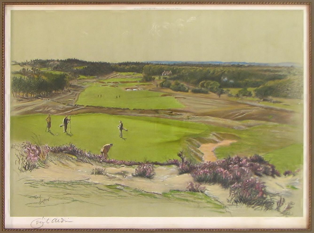 This is a signed, first edition color photolithograph by Cecil Aldin of the English golf course Sunningdale.  The photolithograph depicts golfers on Sunnigdale's fourth green. Sunningdale Golf Club, in Berkshire, England, was founded in 1900 and has