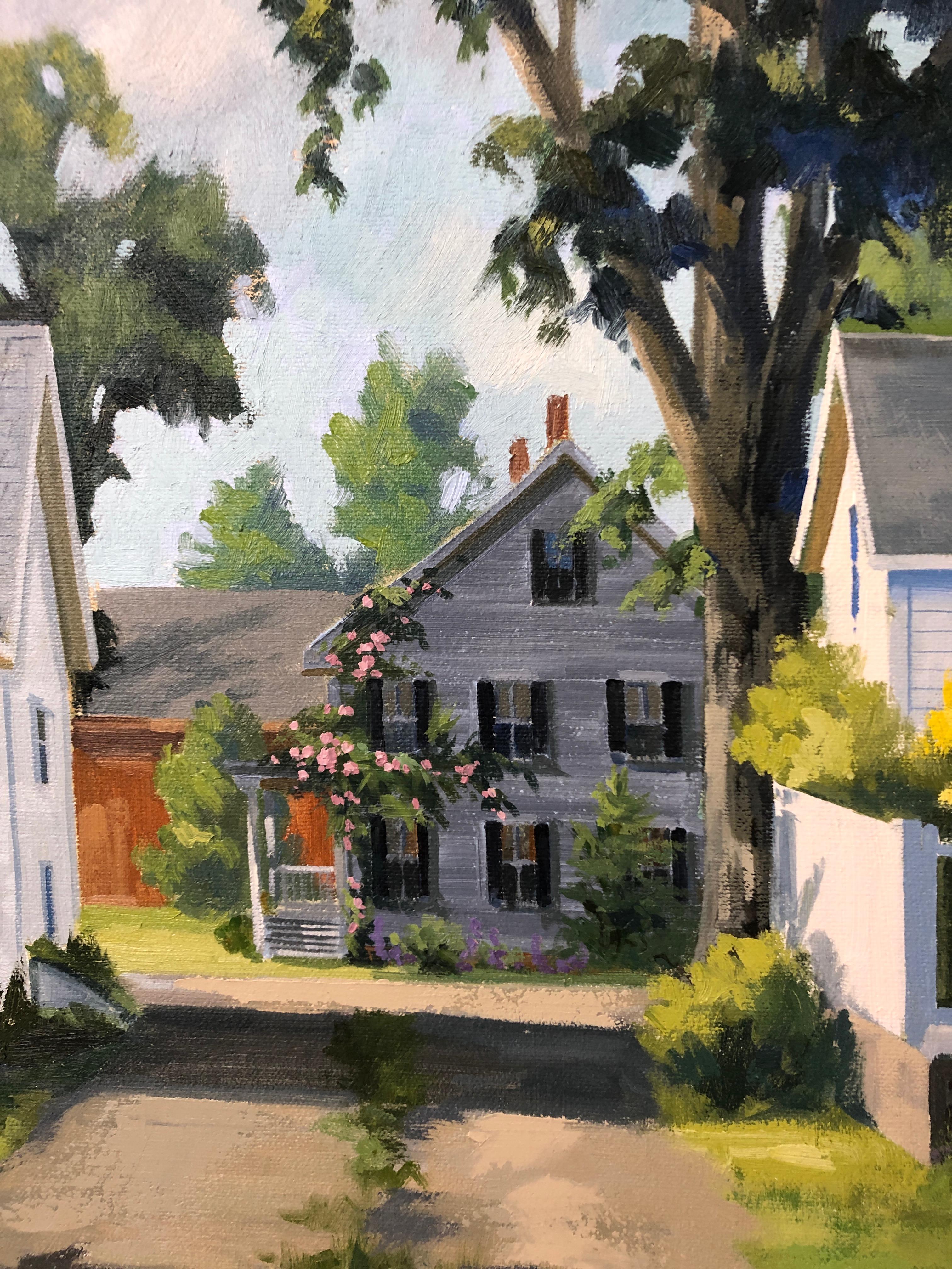 Wonderful sunny afternoon painting by renowned artist Line Tutwiler having a sun dappled lawn and lovely white clapboard house covered with red roses. Looks like a scene in Martha's Vineyard or the like. Beautiful giltwood frame.  Ms. Tutwiler's