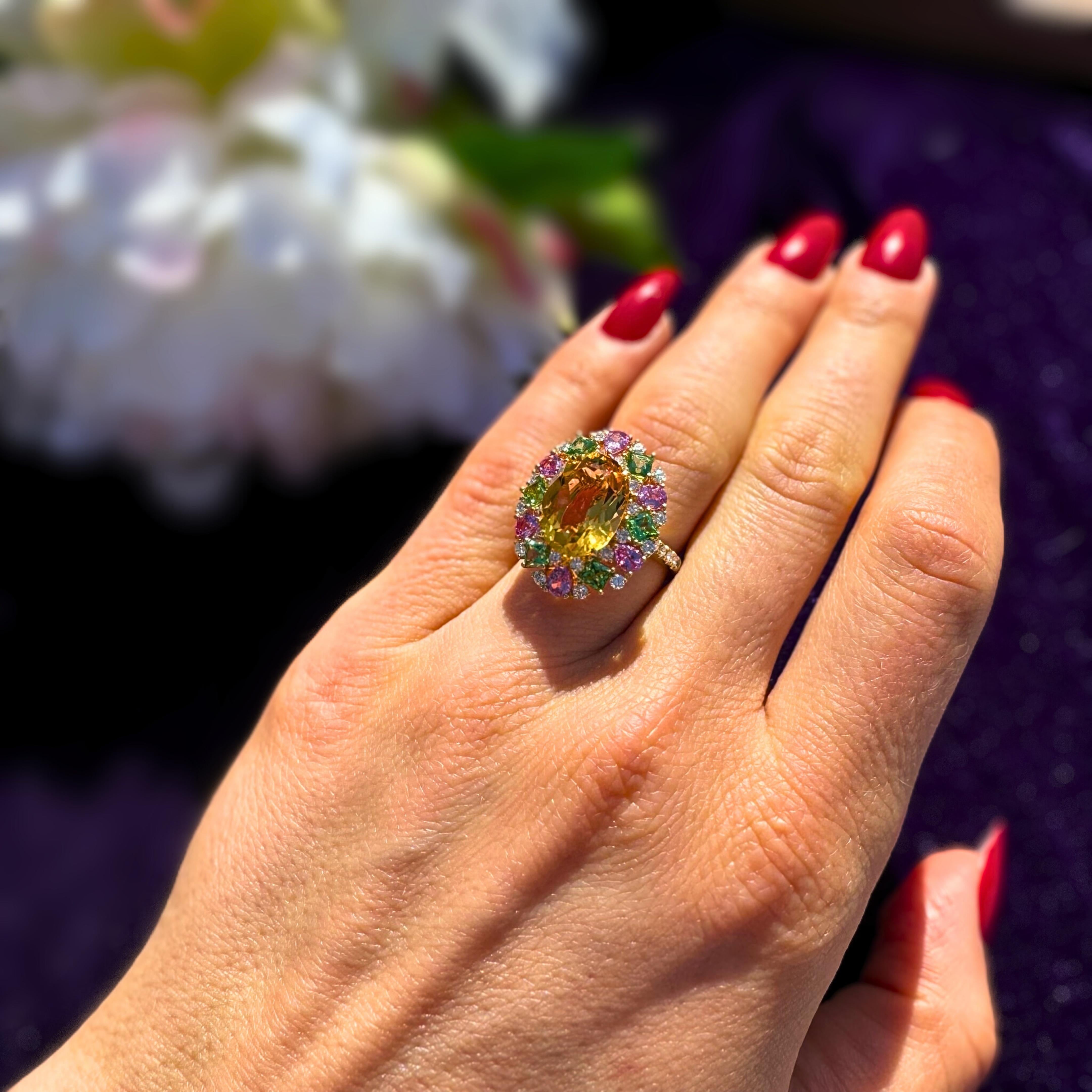 Rough Cut Sunny Citrine Diamond Pink Sapphire Ring 18K Yellow Gold Exclusive Ring For Sale