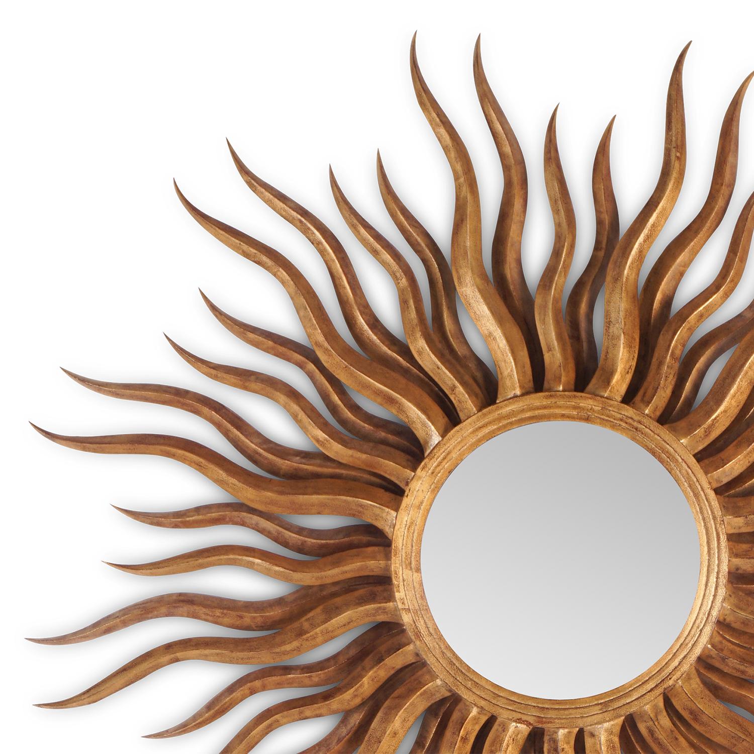 Mirror Sunny with structure in hand-carved mahogany
wood. Hand-painted in antique gold finish. With round 
mirror glass. 
Available in:
L110xD5xH110cm, price: 8300,00€.
L149xD6xH149cm, price: 9400,00€.
L189xD8xH189cm, price: 14500,00€.