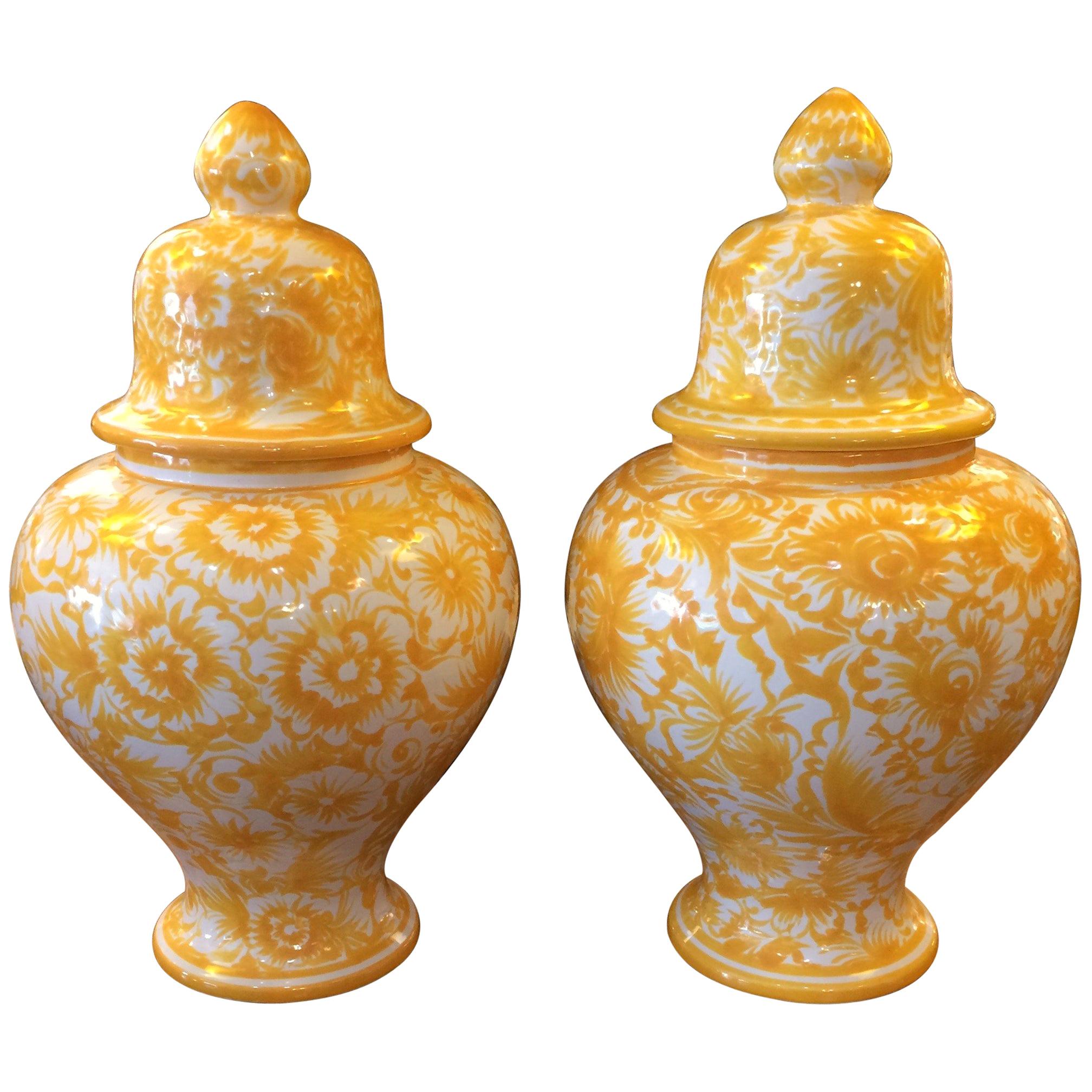 Sunny Pair of Portuguese Temple Jars Lidded Urns For Sale