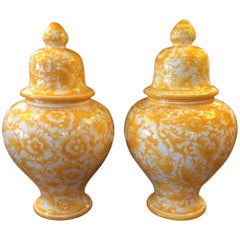 Retro Sunny Pair of Portuguese Temple Jars Lidded Urns