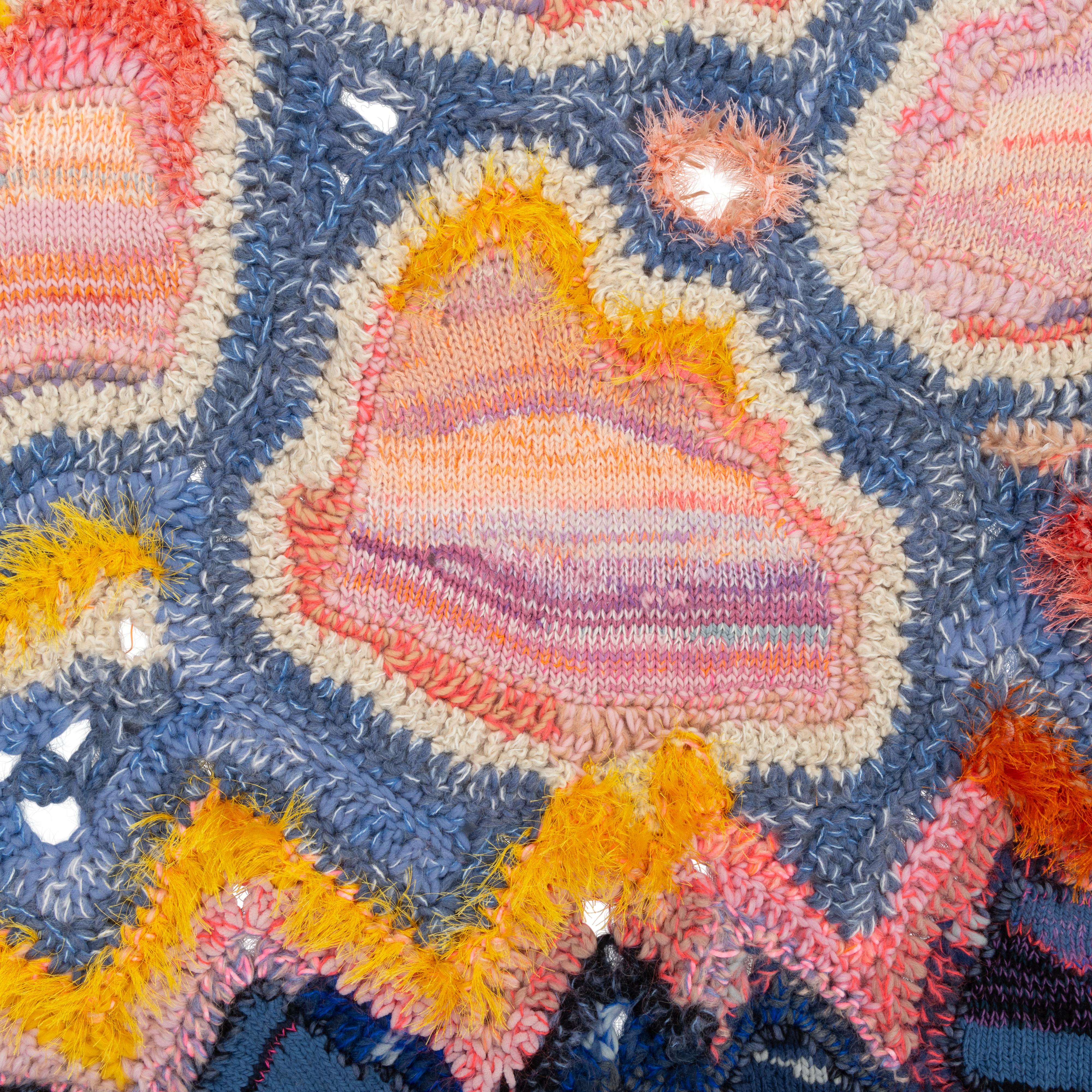 Sunny Sky Handcrafted Knit/Crochet multicoloured Sky Landscape Wallhanging

Textile Art, Hand-crafted, Knit and Crochet Art Blanket, Knitted Tapestry, Wall hanging, Affordable Art.
Sky with fluffy clouds and sun above a geometric landscape