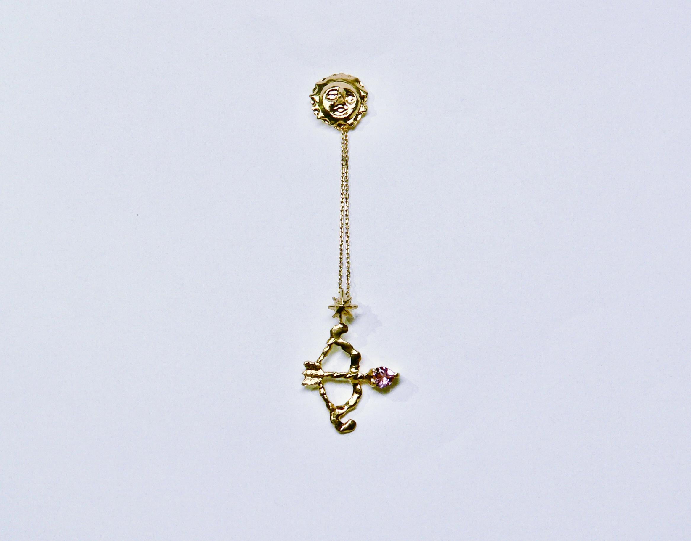 From the twilight, evening sun shot the arrow to finish the day and to start night with happily face.

This single earring is made of Sterling Silver with 18 Karat gold plated as one of the Night Collection. Arrow is with pink tourmaline. 

The size
