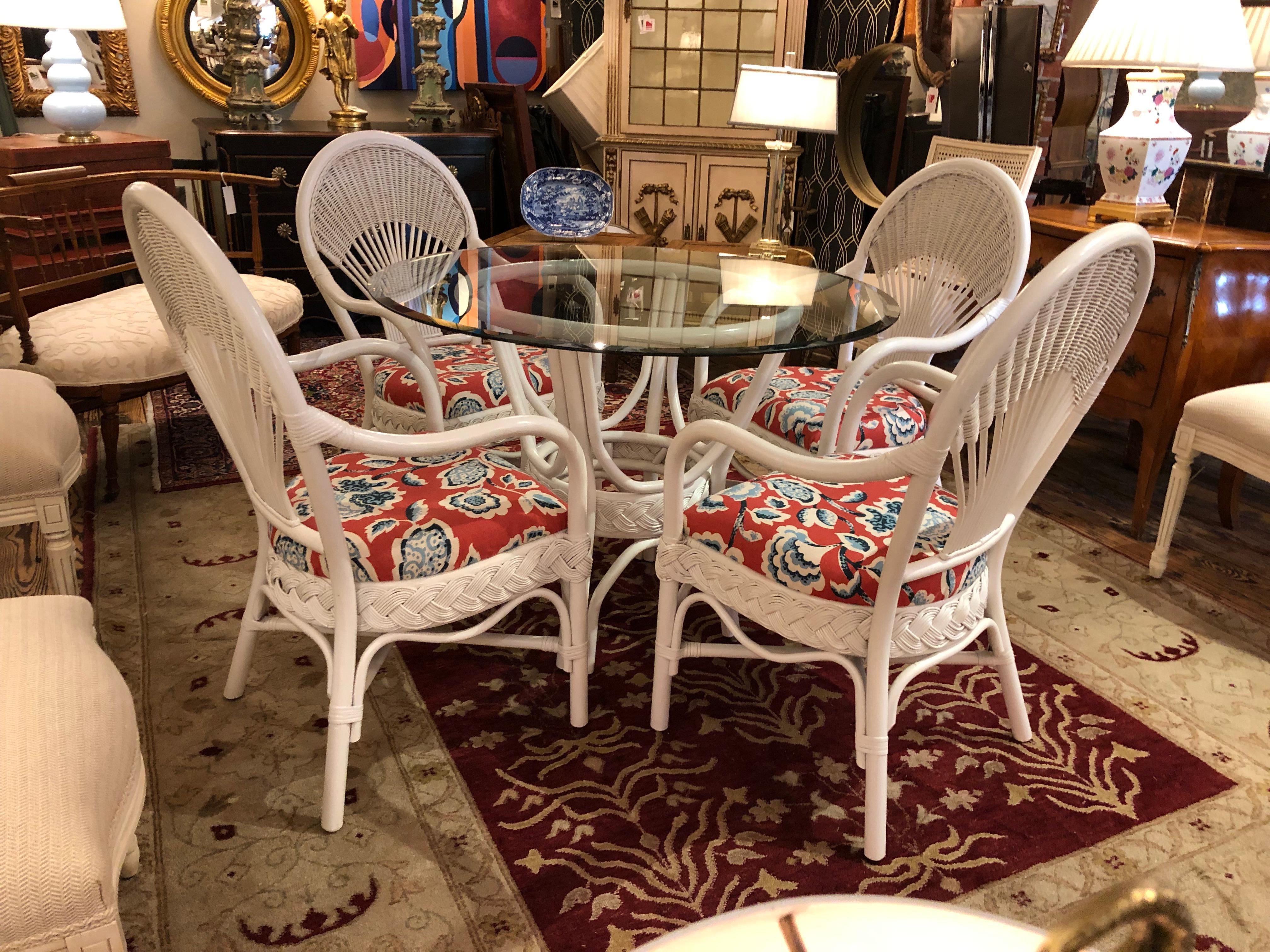 Sunny White Wicker Dining Table Set with Four Armchairs For Sale 12