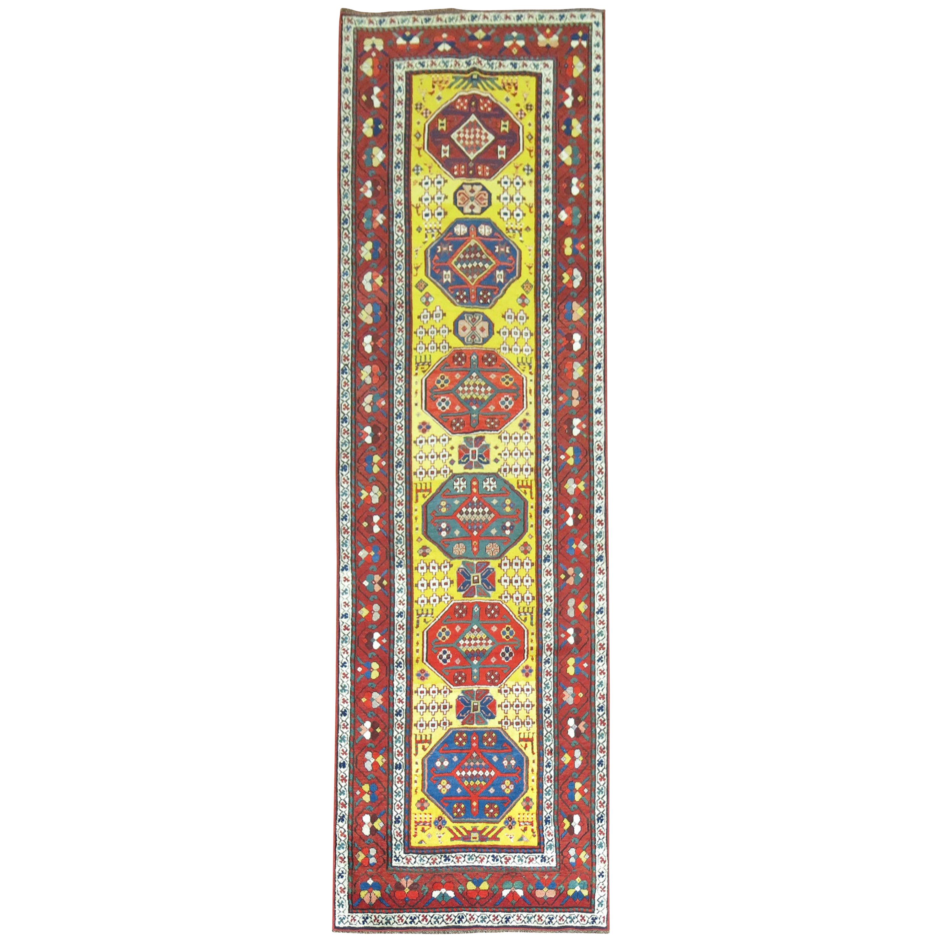 Sunny Yellow Handwoven Early 20th Century Antique Karabagh Caucasian Runner For Sale