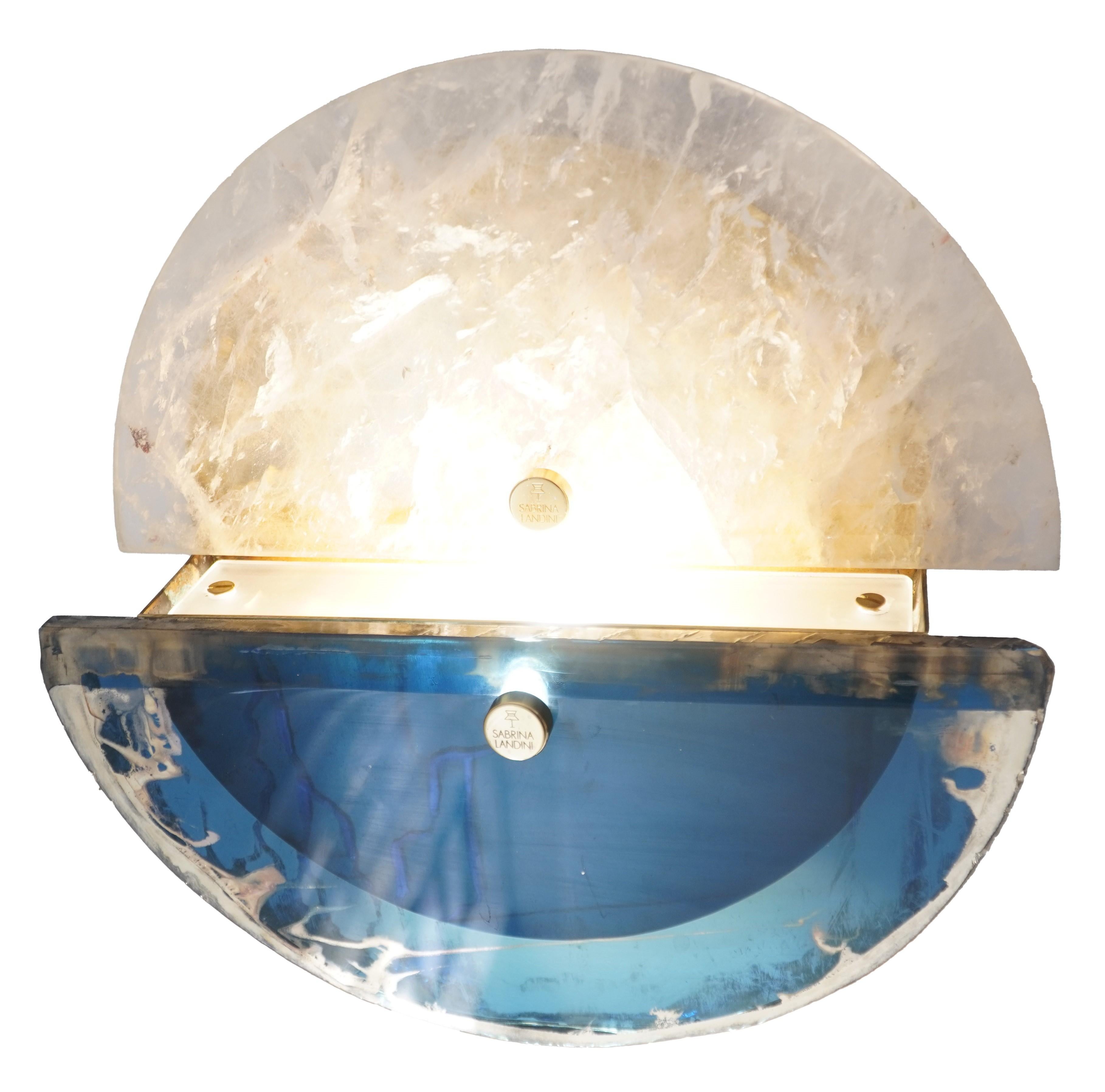 Modern “Sunnymoon” Contemporary Wall Sconce, Blue Satin art silvered glass, brass For Sale