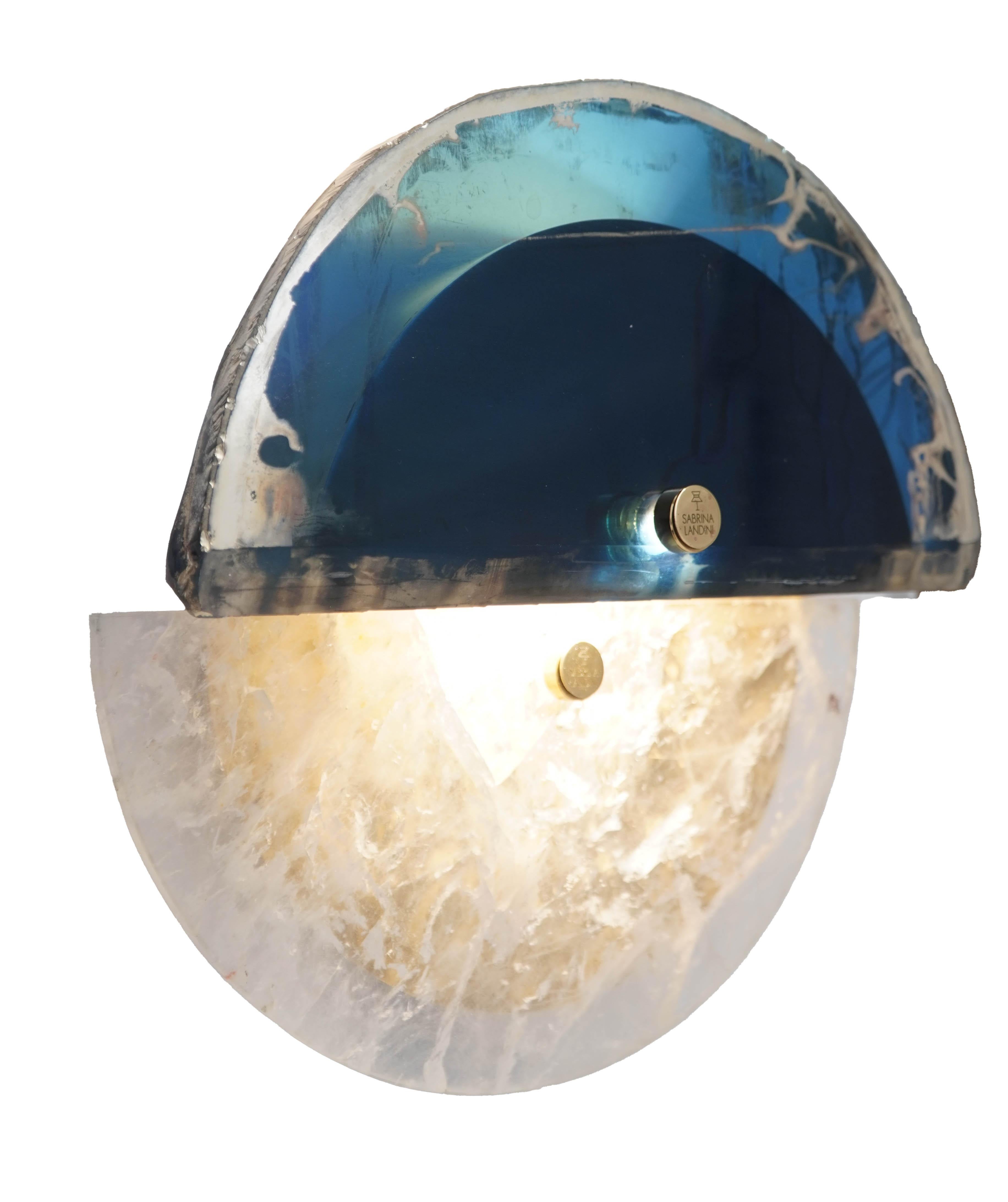 Italian “Sunnymoon” Contemporary Wall Sconce, Blue Satin art silvered glass, brass For Sale