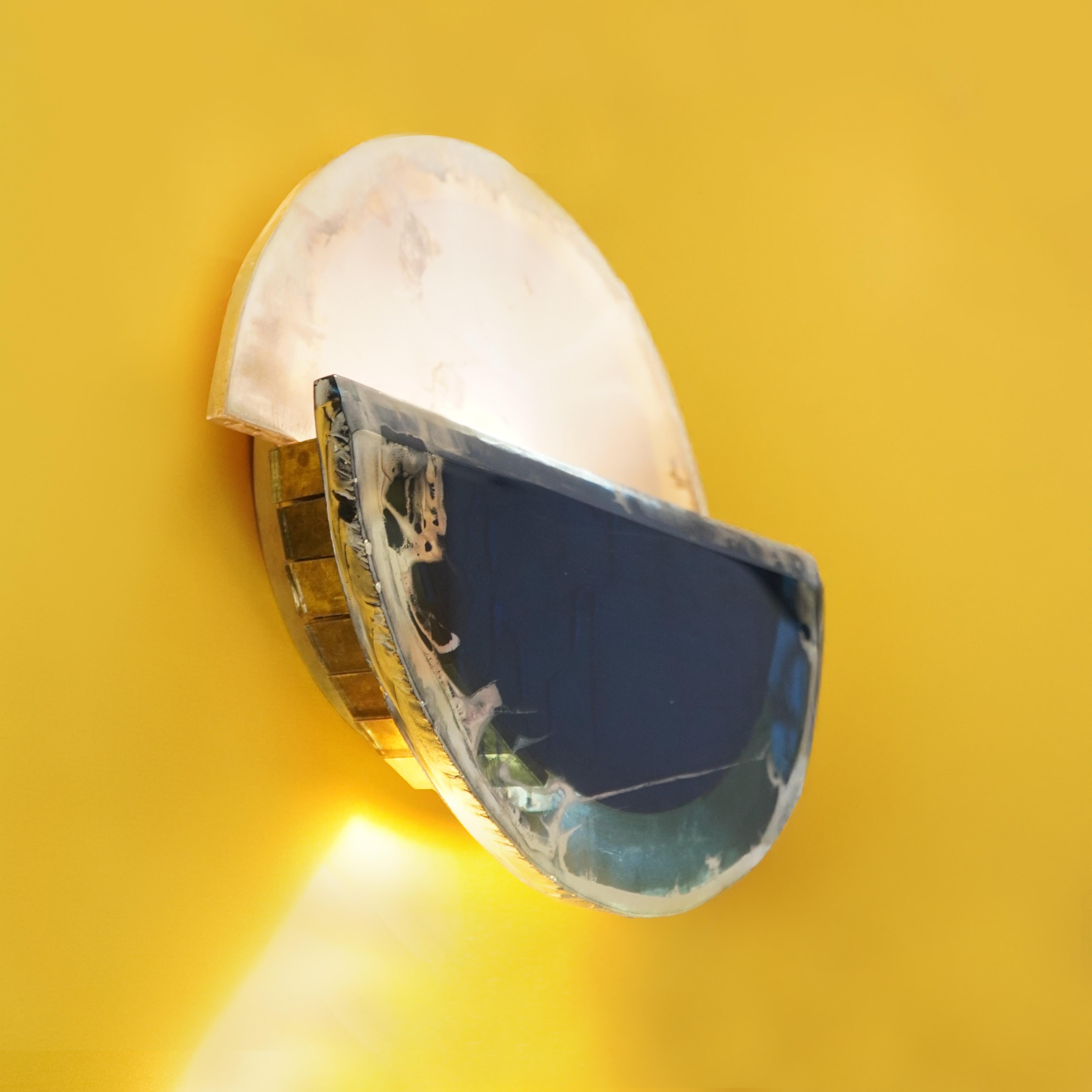 Silvered “Sunnymoon” Contemporary Wall Sconce, Blue Satin art silvered glass, brass For Sale