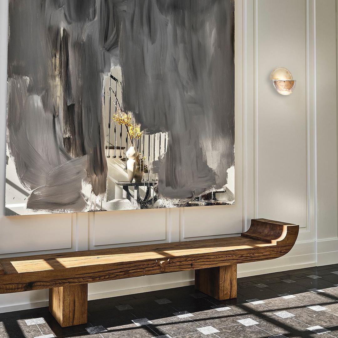 Brass “Sunnymoon” Contemporary Wall Sconce, Rose Satin art silvered glass, brass For Sale