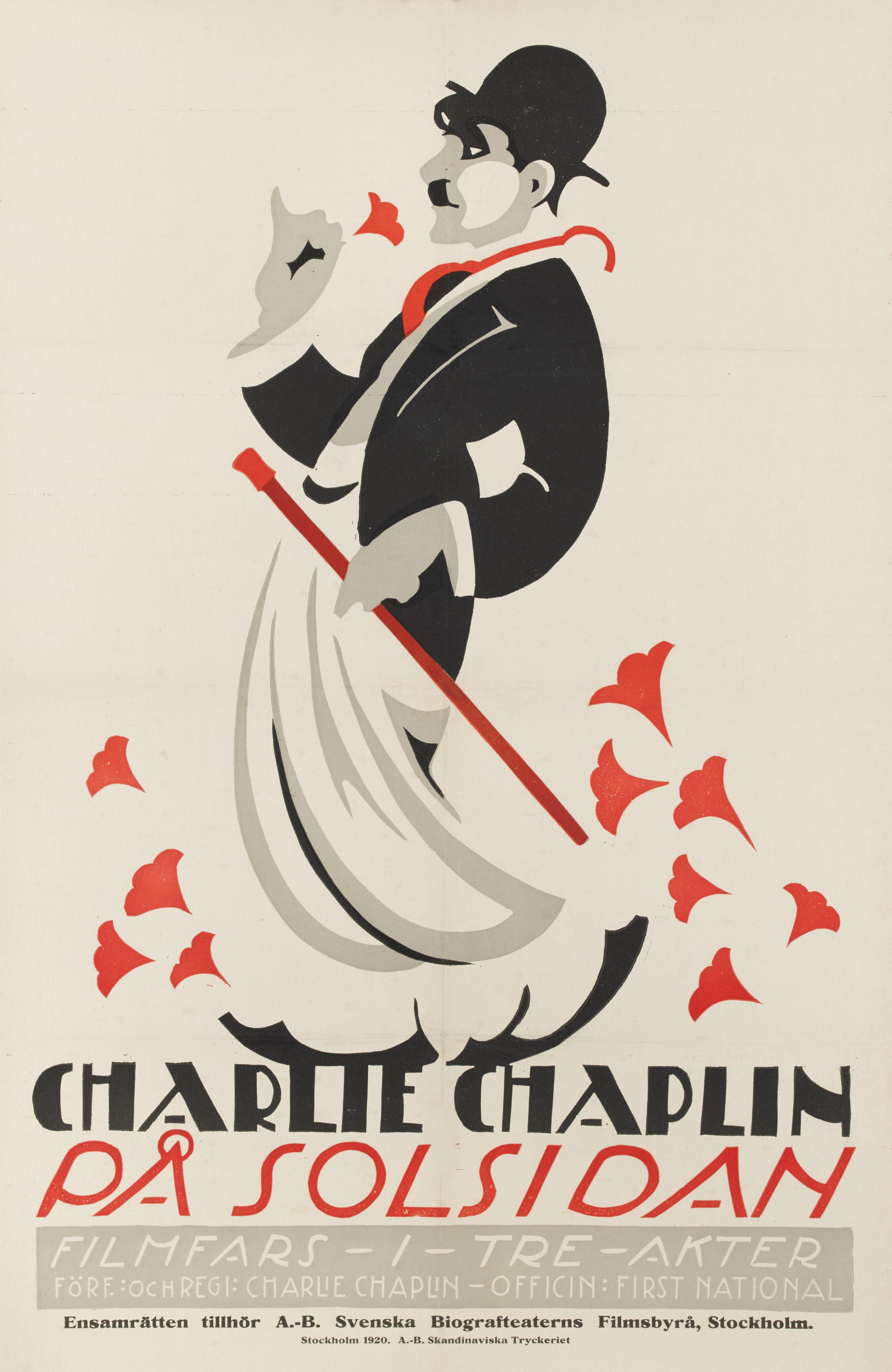 Original Swedish film poster for Charlie Chaplin and Edna Purviance 1919 silent comedy.
This poster is for the films first Swedish release 1920.
This one hundred and two year old poster is exceptionally rare, and has only surfaced a few