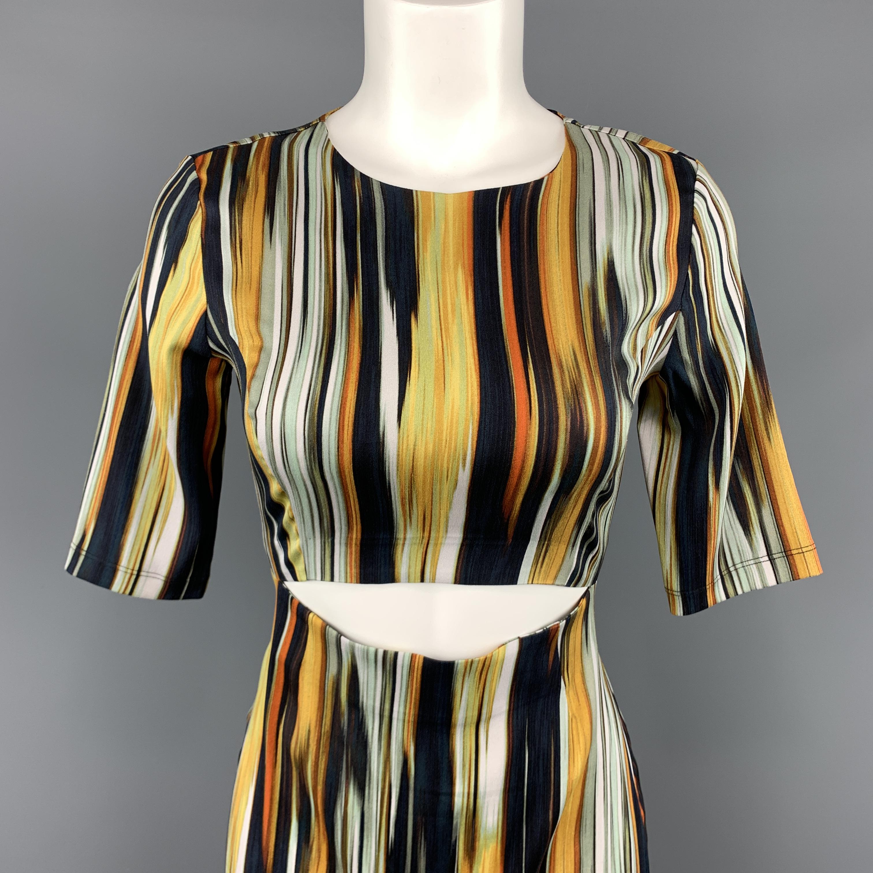 SUNO sheath dress comes in stretch silk with a mint, gold, and navy abstract stripe print featuring a round neckline, cropped sleeves, pencil skirt, and mid section cutout. 

New with Tags.
Marked:  2

Measurements:

Shoulder: 13 in.
Bust: 34
