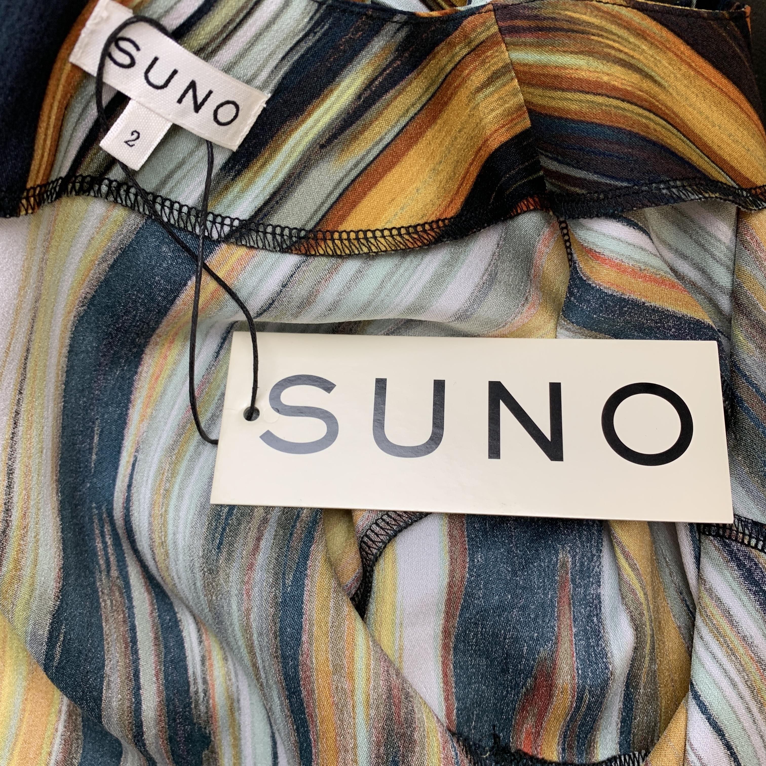 SUNO Size 2 Multi-Color Stretch Silk 3/4 Sleeve Cutout Sheath Dress In New Condition In San Francisco, CA