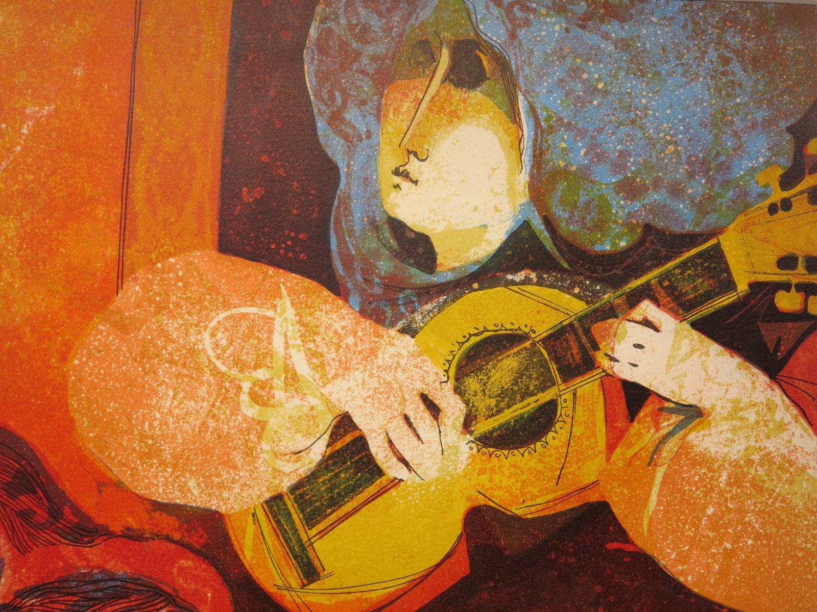 Two Women with Guitar  - Abstract Print by Sunol Alvar
