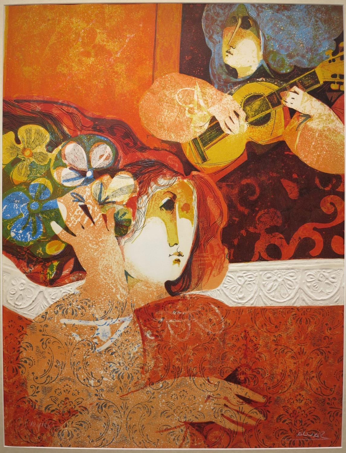 Sunol Alvar Figurative Print - Two Women with Guitar 
