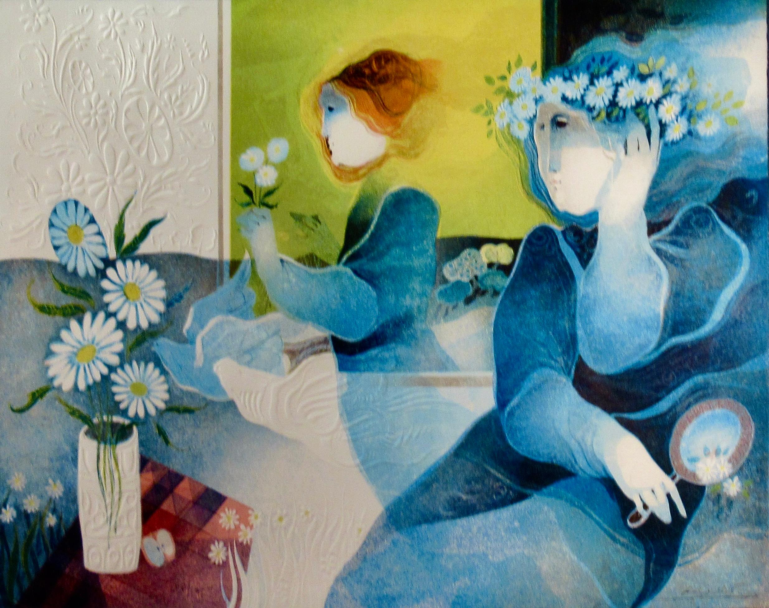 Mujeres con paloma y flores - Print de Sunol Alvar
