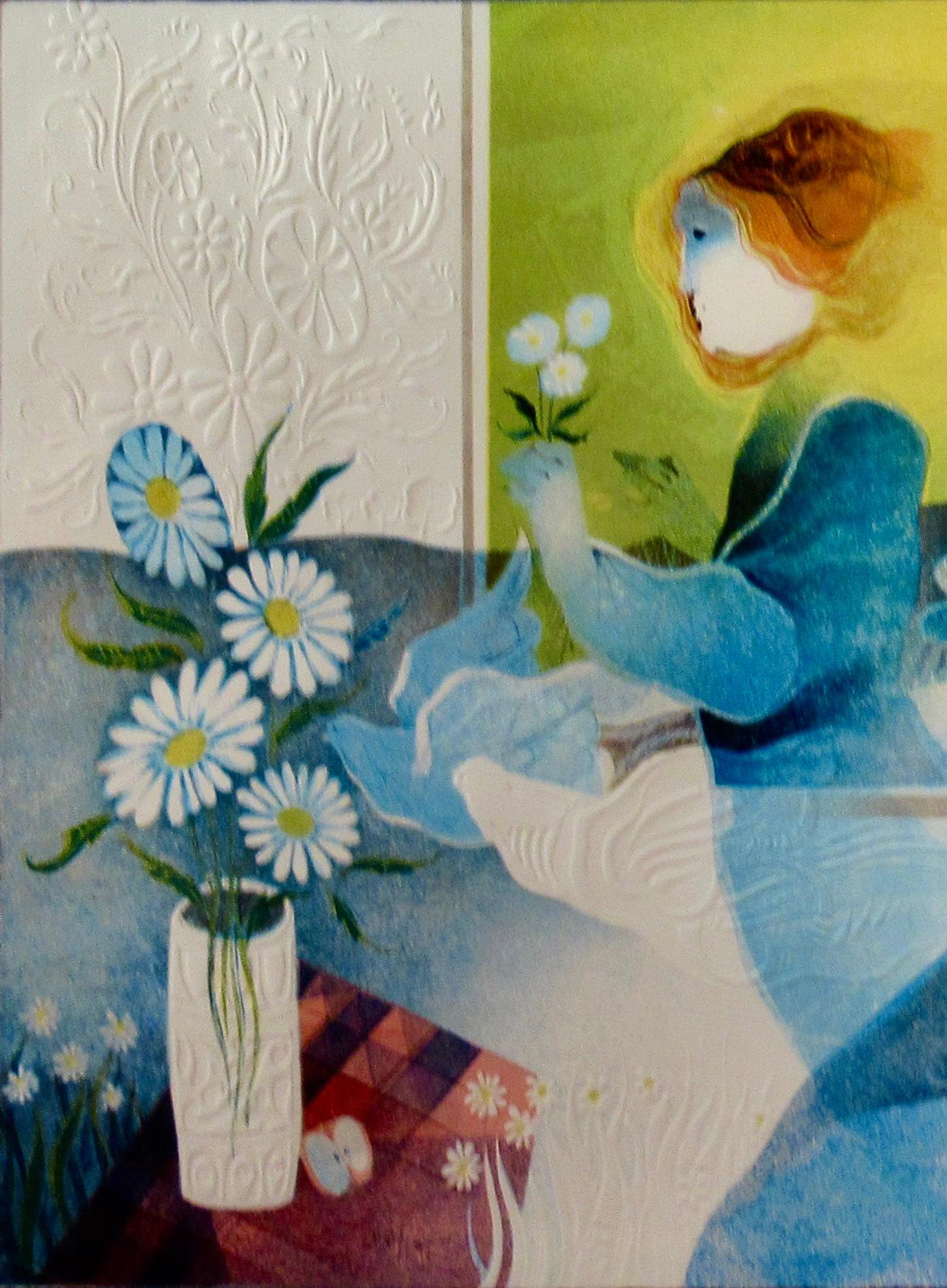Mujeres con paloma y flores - Figurative Print Marrón de Sunol Alvar