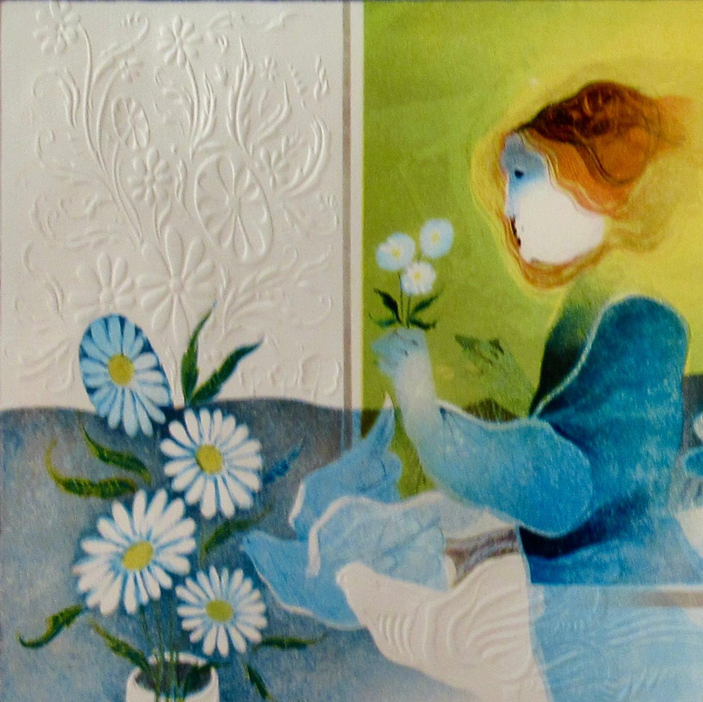 Artista:	Sunol Alvar
Título:	Mujer con paloma y Flores
Año:	c.1980
Medio:	Litografía en color con relieve
Edición:	Numerado 28/195 a lápiz
Papel:	Arcos
Tamaño de la imagen:   16,75 x 21,25 pulgadas
tamaño del papel:   16,75 x 21,25 pulgadas
Tamaño