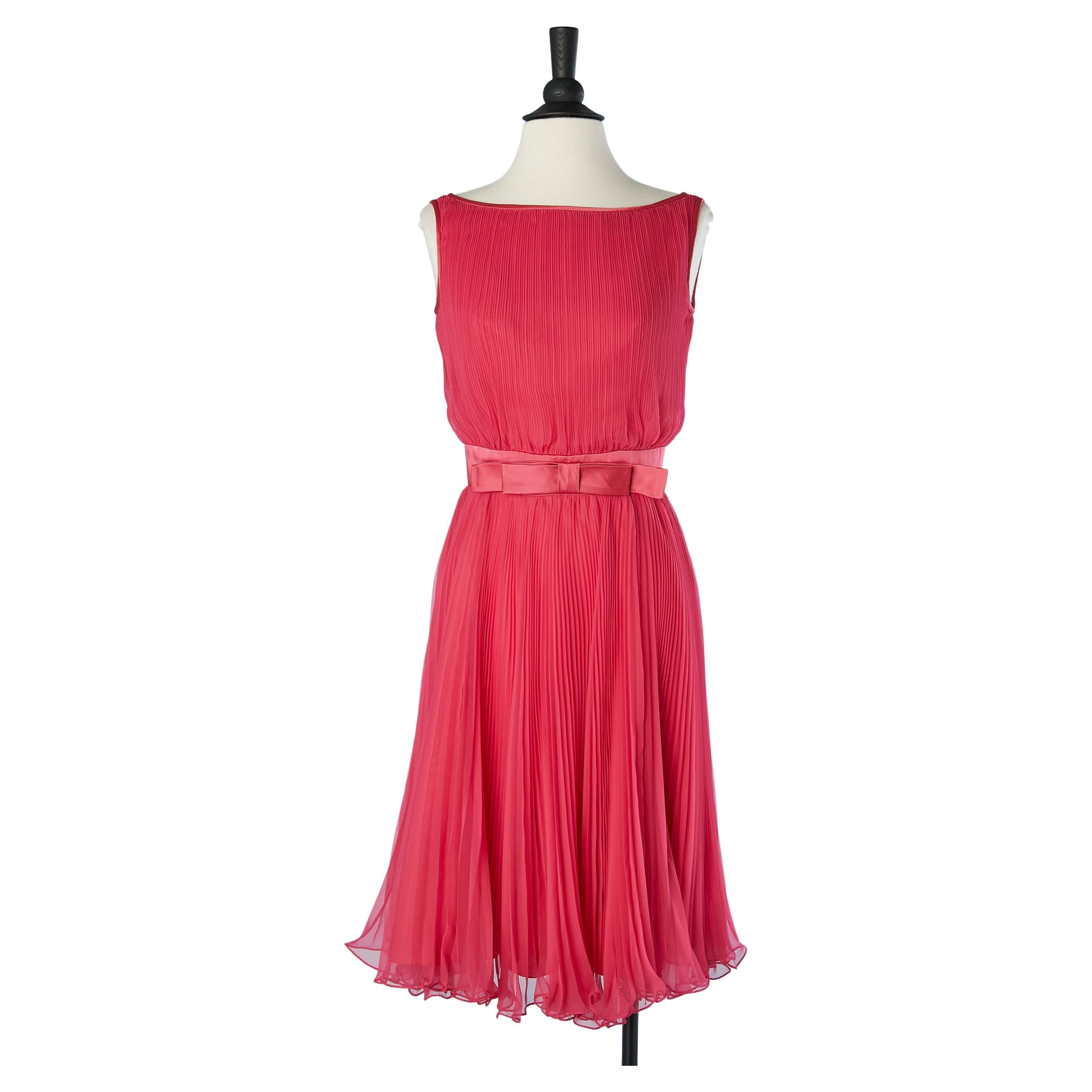 Sunray pleated pink cocktail dress with bow  Miss Eliette Circa 1960's  For Sale