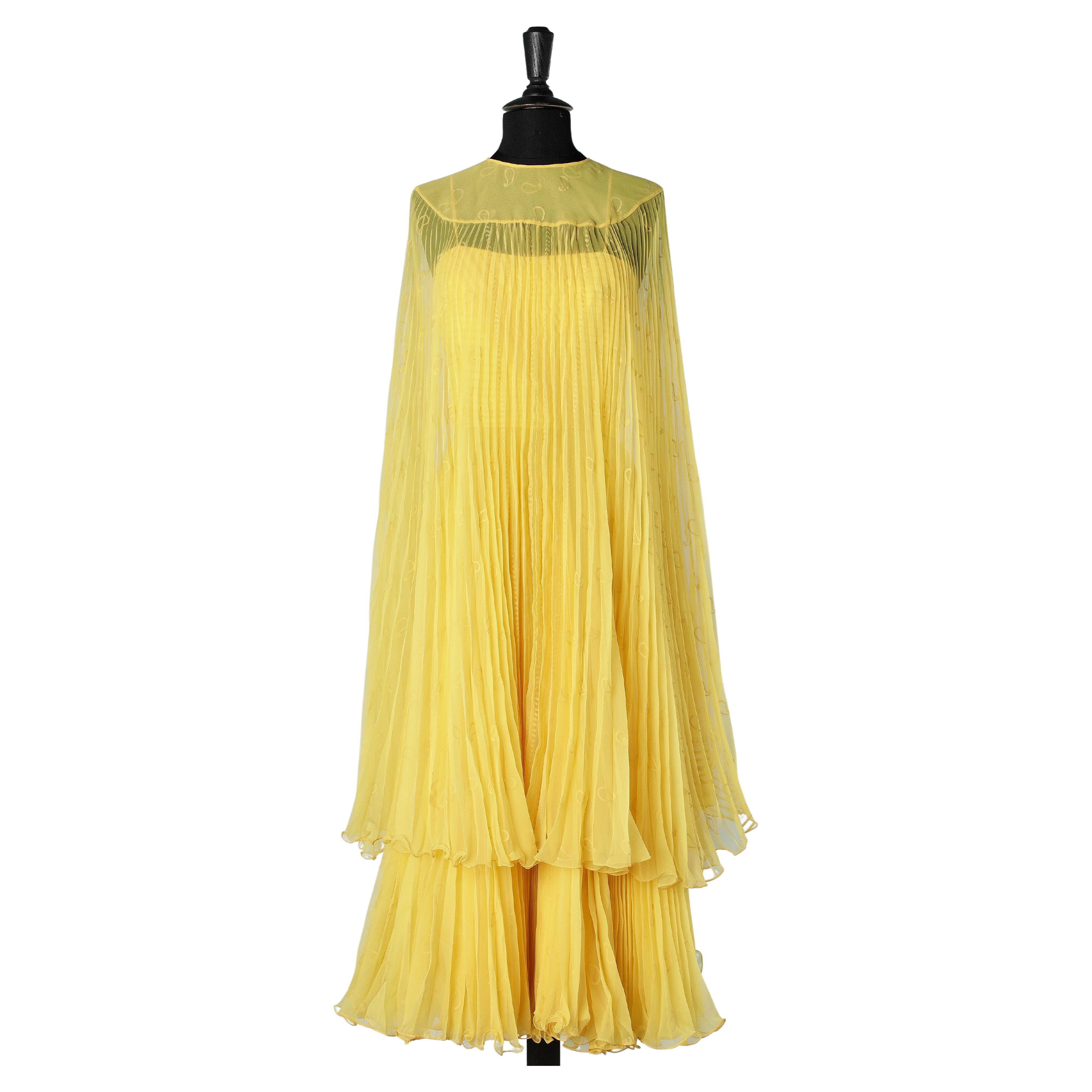 Sunray pleats yellow pleated cape and cocktail dress ensemble Luis Fuentes  For Sale