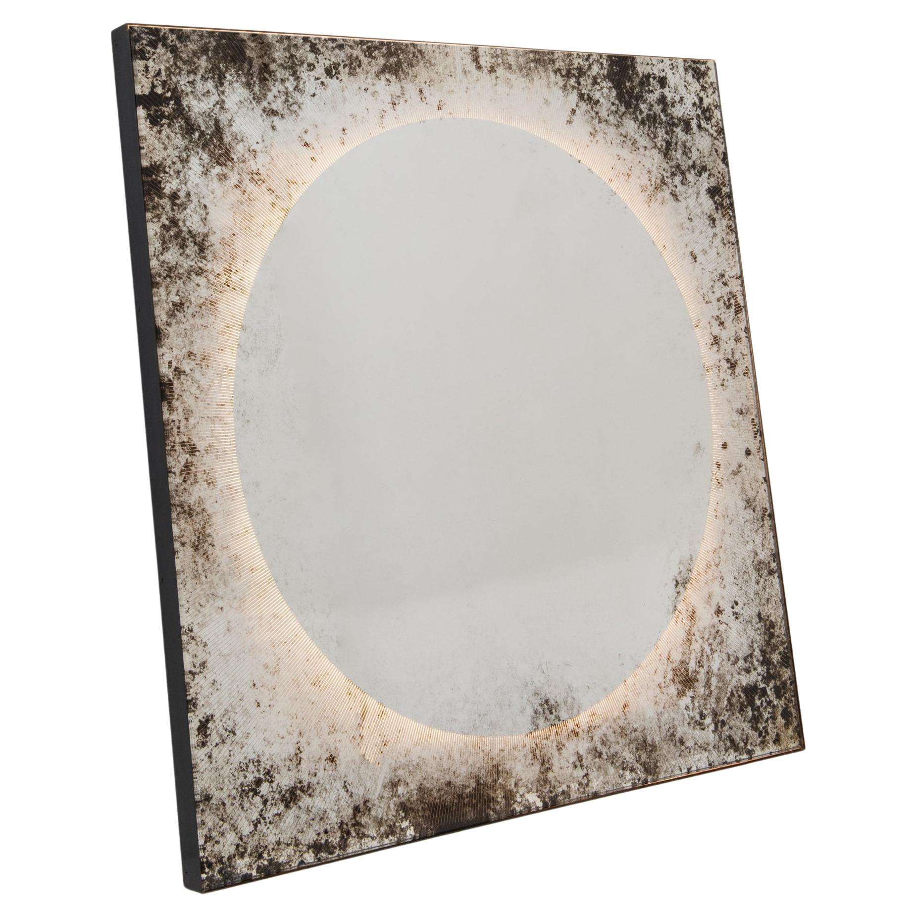 Sunrise Antiqued Finely Etched Mirror, Back-Illuminated, Blackened Metal For Sale