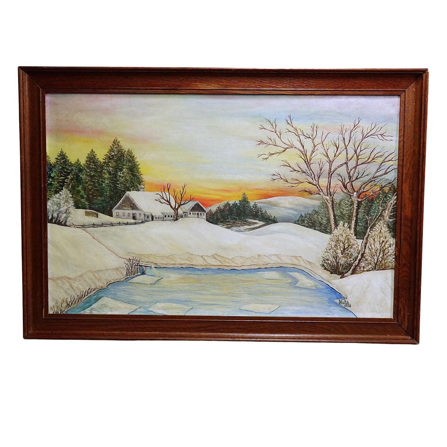 Sunrise in a Winterly Landscape in The Black Forest

An original vintage oil painting showing a sunrise in a winterly Black Forest landscape. Painted in oil on canvas, signed Kuta 1958. A great original painting in naive style. Good condition,