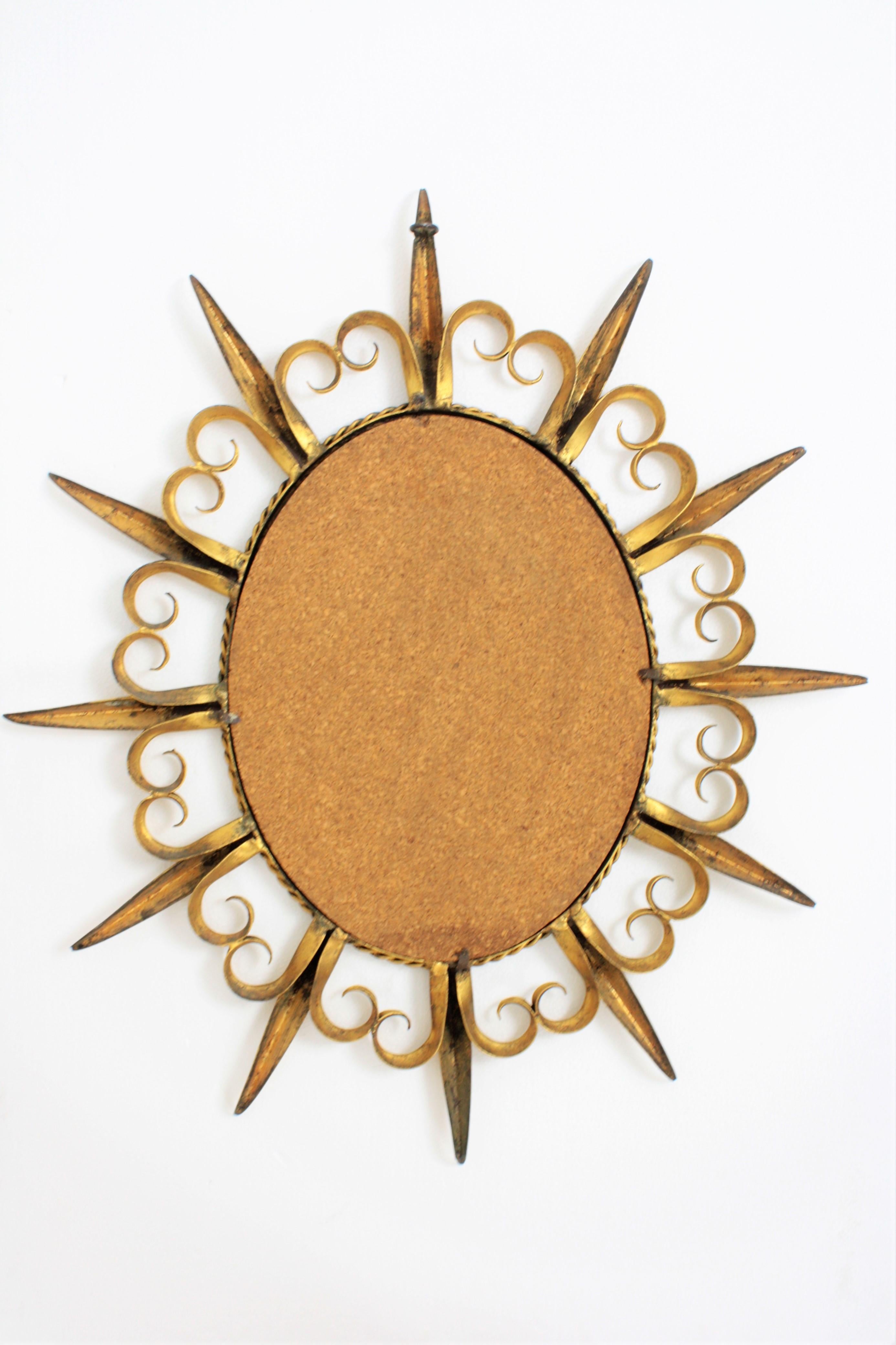 Sunburst Eyelash Oval Mirror in Gilt Wrought Iron For Sale 5