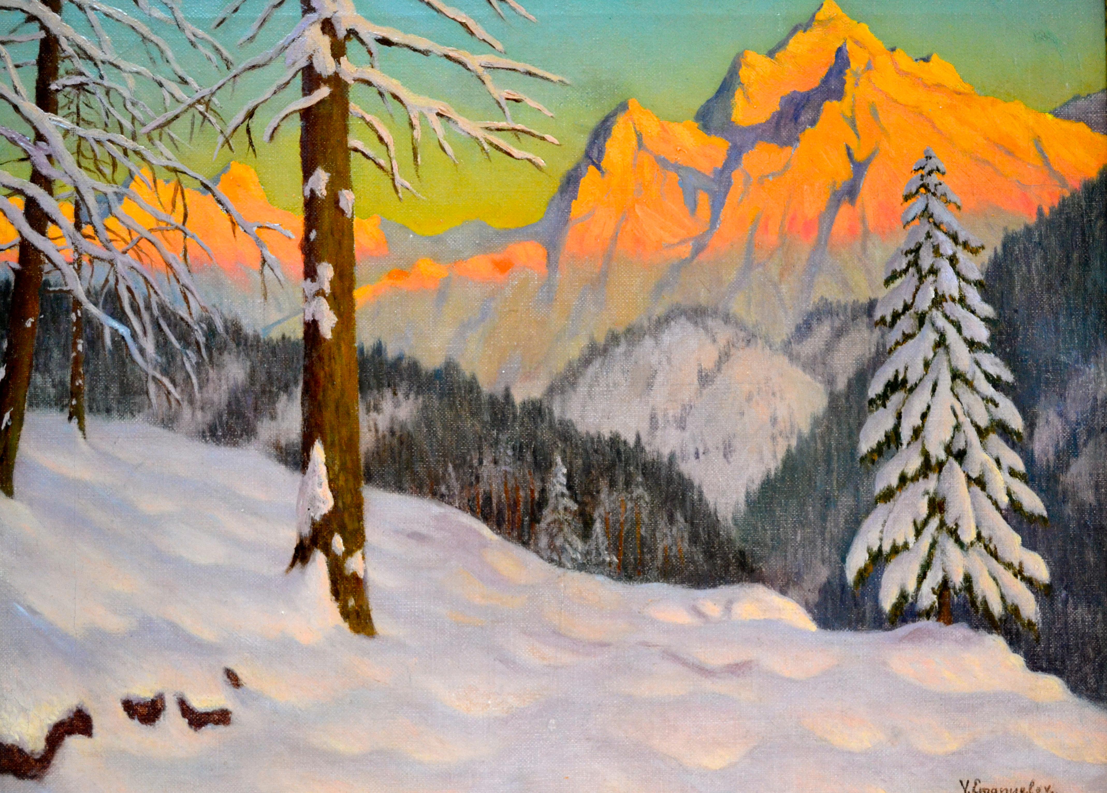 Sonnenuntergang Alpin-Winterszene des russischen Künstlers Victor Emanuelov (Sonstiges) im Angebot