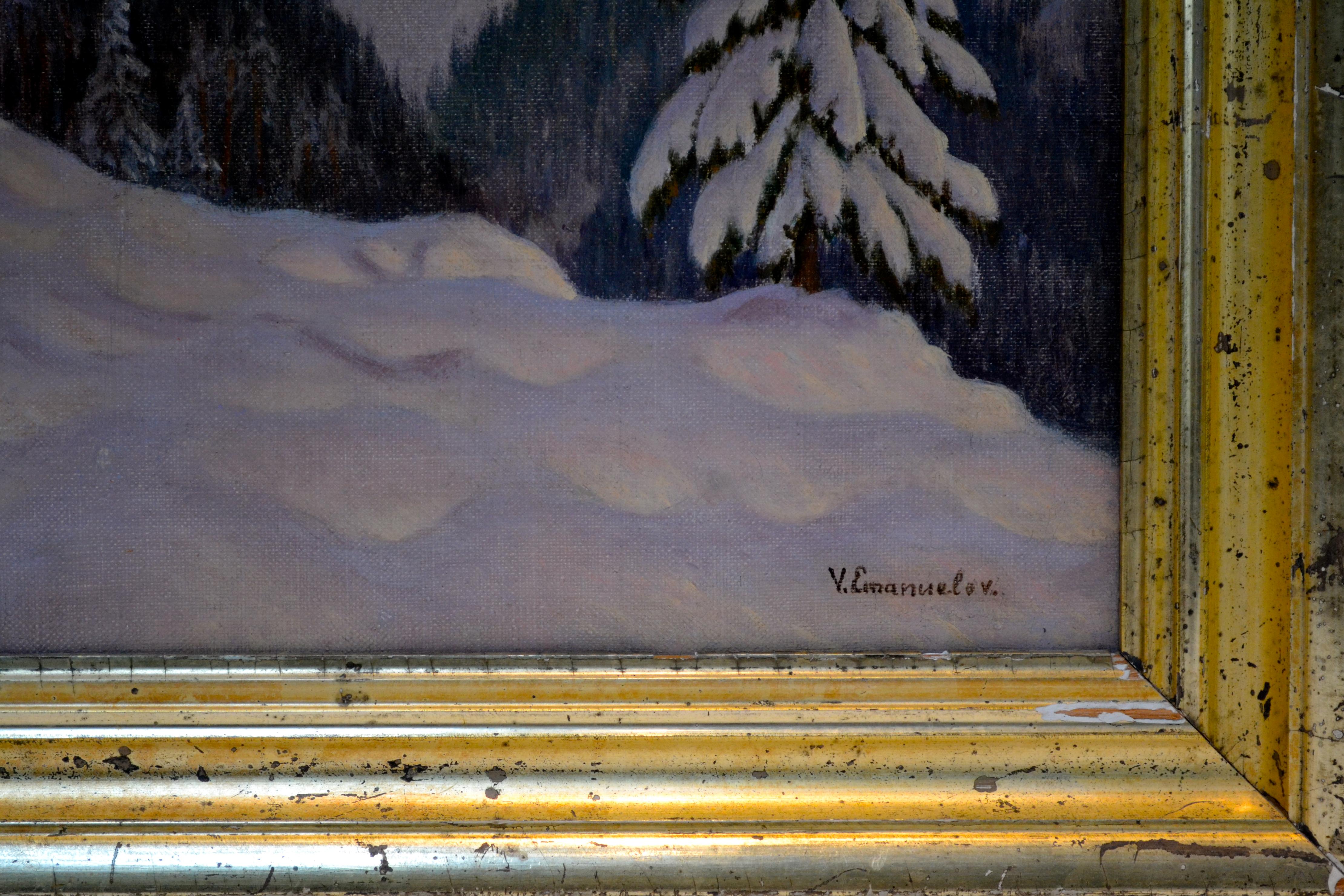 Sunset Alpine Winter Scene by Russian Artist Victor Emanuelov In Good Condition For Sale In Vancouver, British Columbia