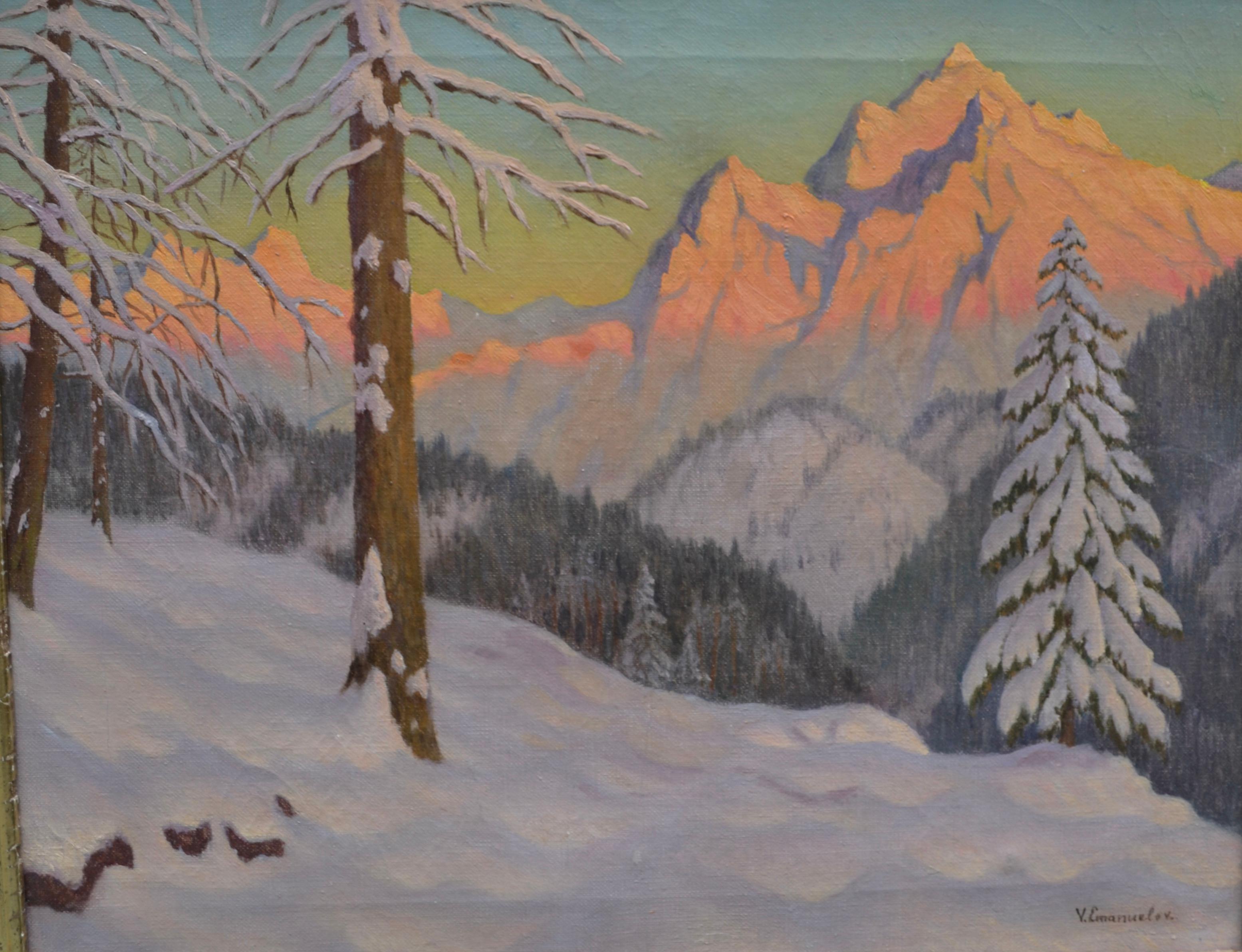 Sonnenuntergang Alpin-Winterszene des russischen Künstlers Victor Emanuelov (Russisch) im Angebot