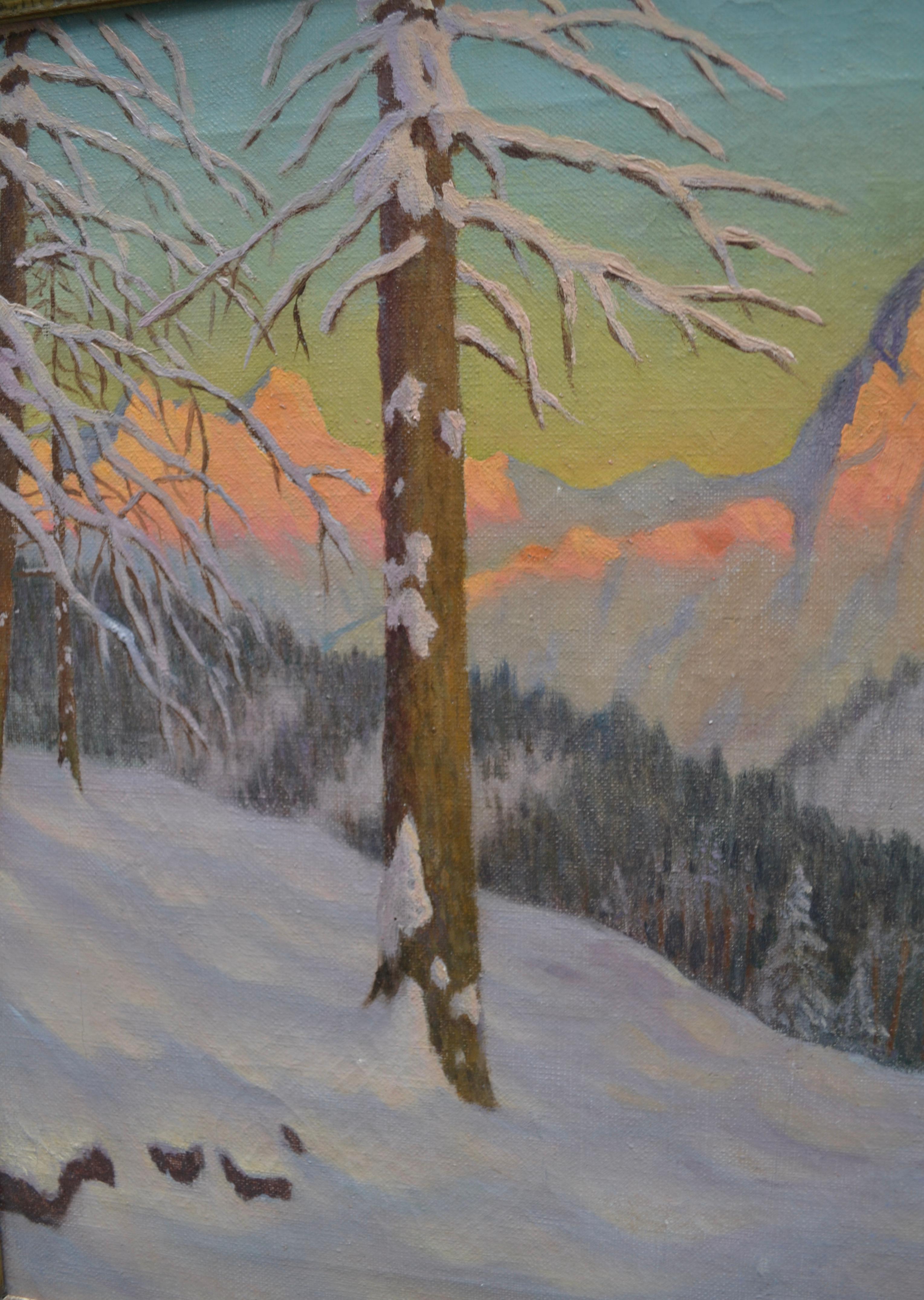 Sonnenuntergang Alpin-Winterszene des russischen Künstlers Victor Emanuelov (20. Jahrhundert) im Angebot