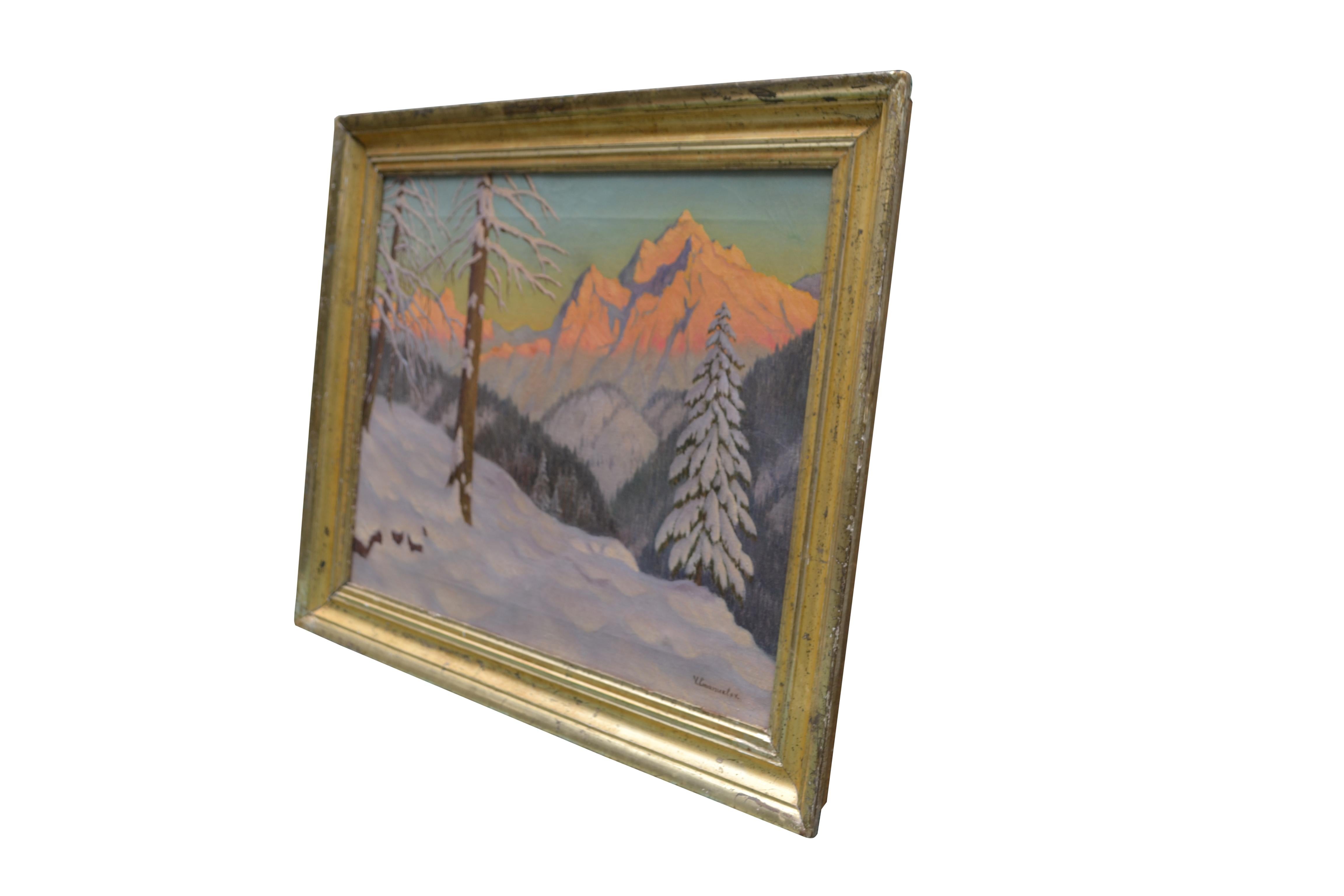 Sonnenuntergang Alpin-Winterszene des russischen Künstlers Victor Emanuelov (Leinwand) im Angebot