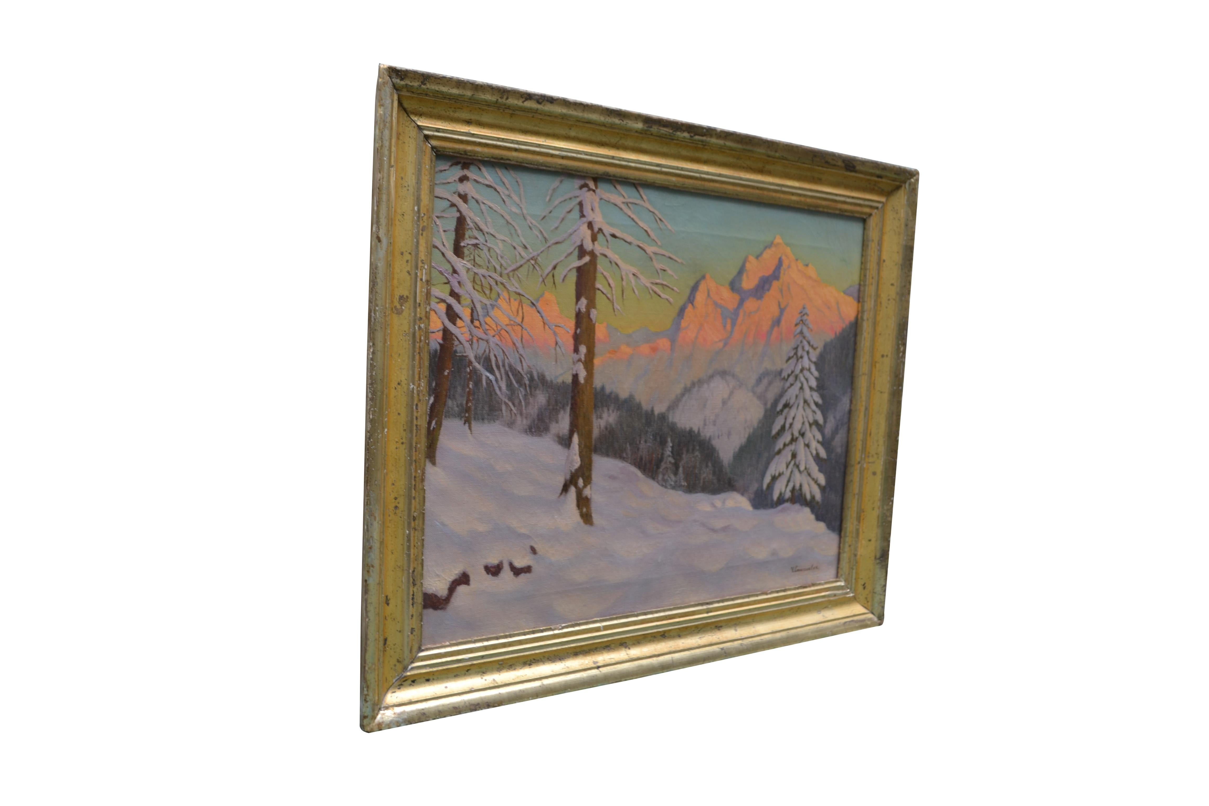 Sunset Alpine Winter Scene by Russian Artist Victor Emanuelov For Sale 1