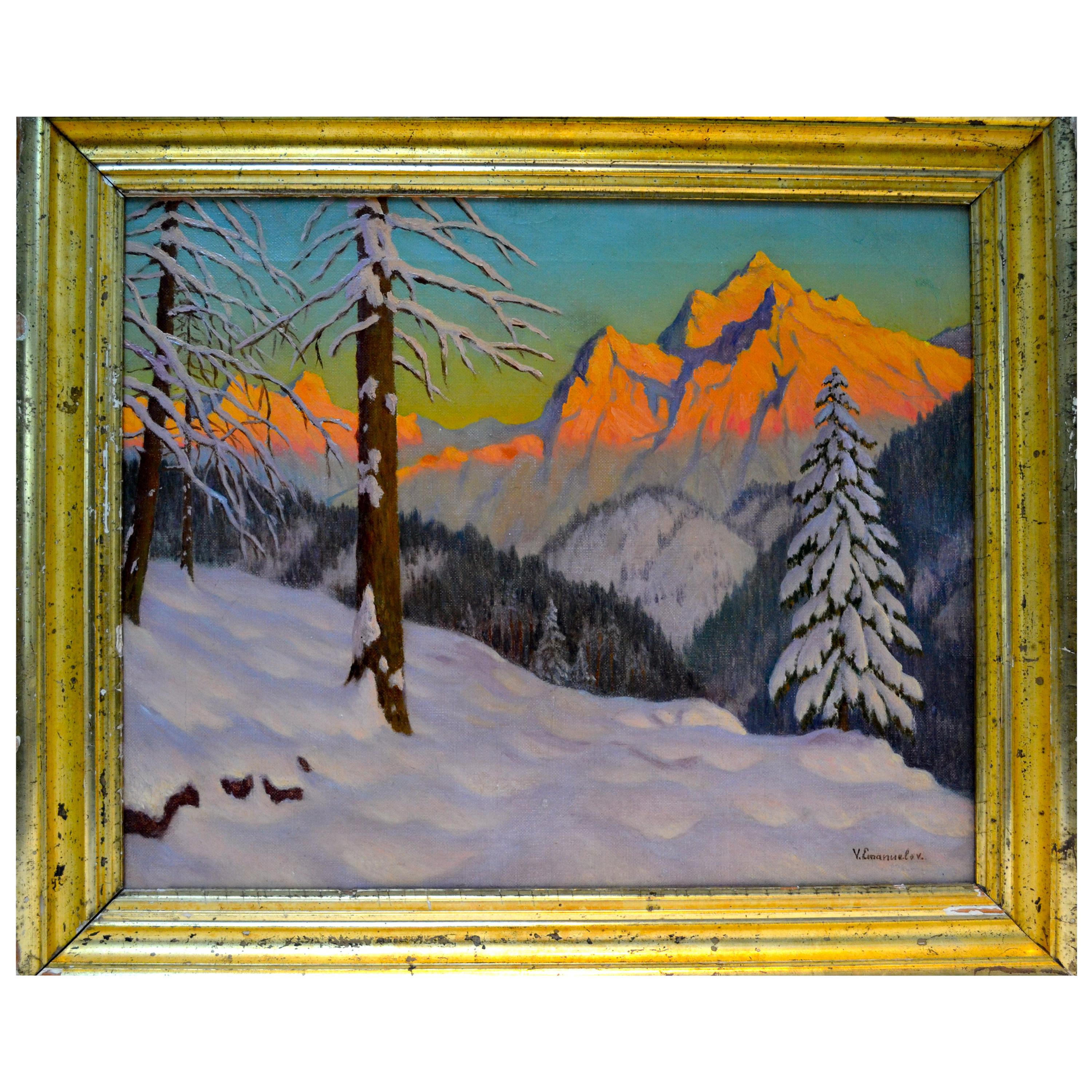 An oil painting on canvas of a wintry alpine landscape at sunset by Russian early 20th century artist Victor Emanuelov (Russian, 1884–1940).  THe artist  painted almost exclusively wintry alpine scenes andhe was represented in London by the Cooling