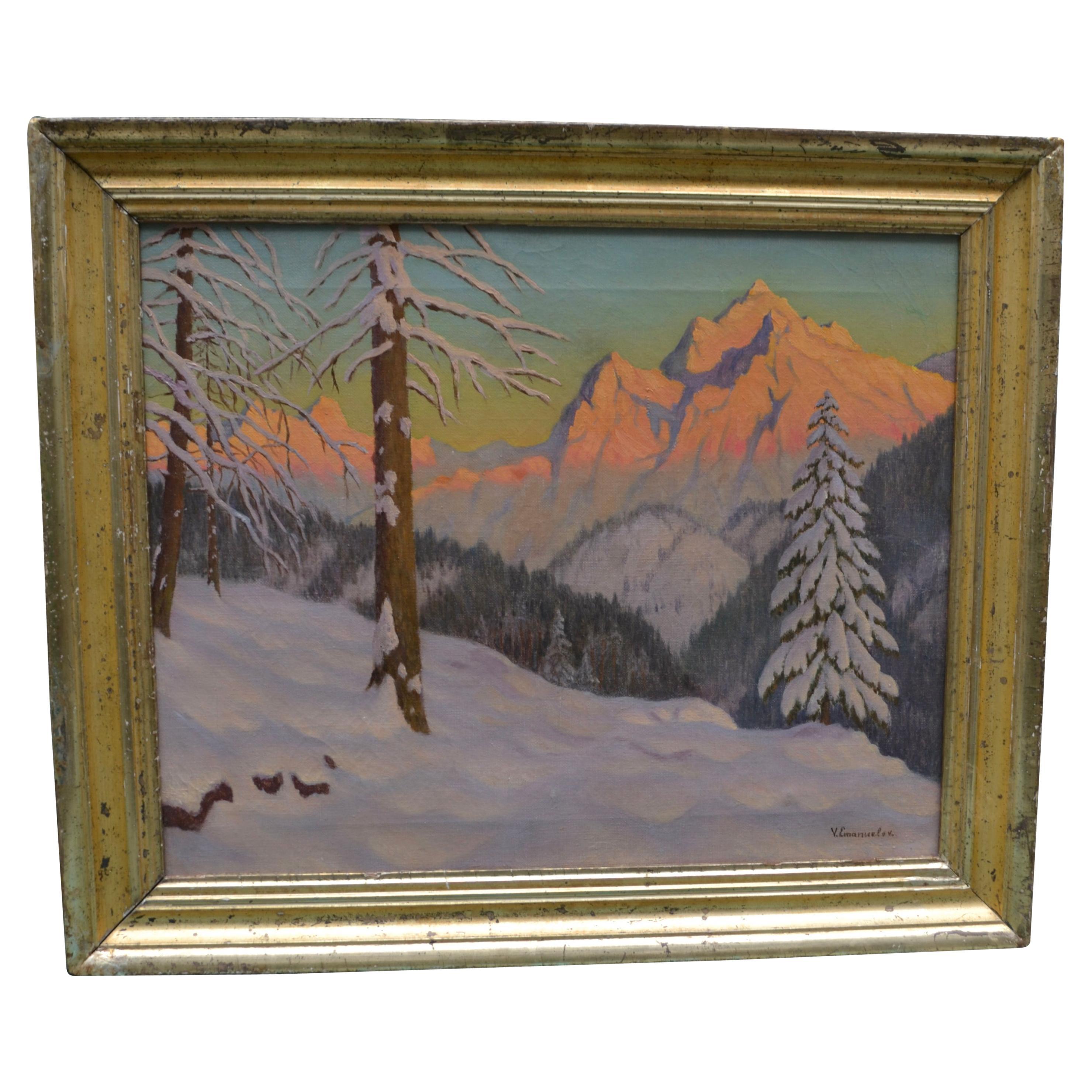 Sunset Alpine Winter Scene by Russian Artist Victor Emanuelov For Sale