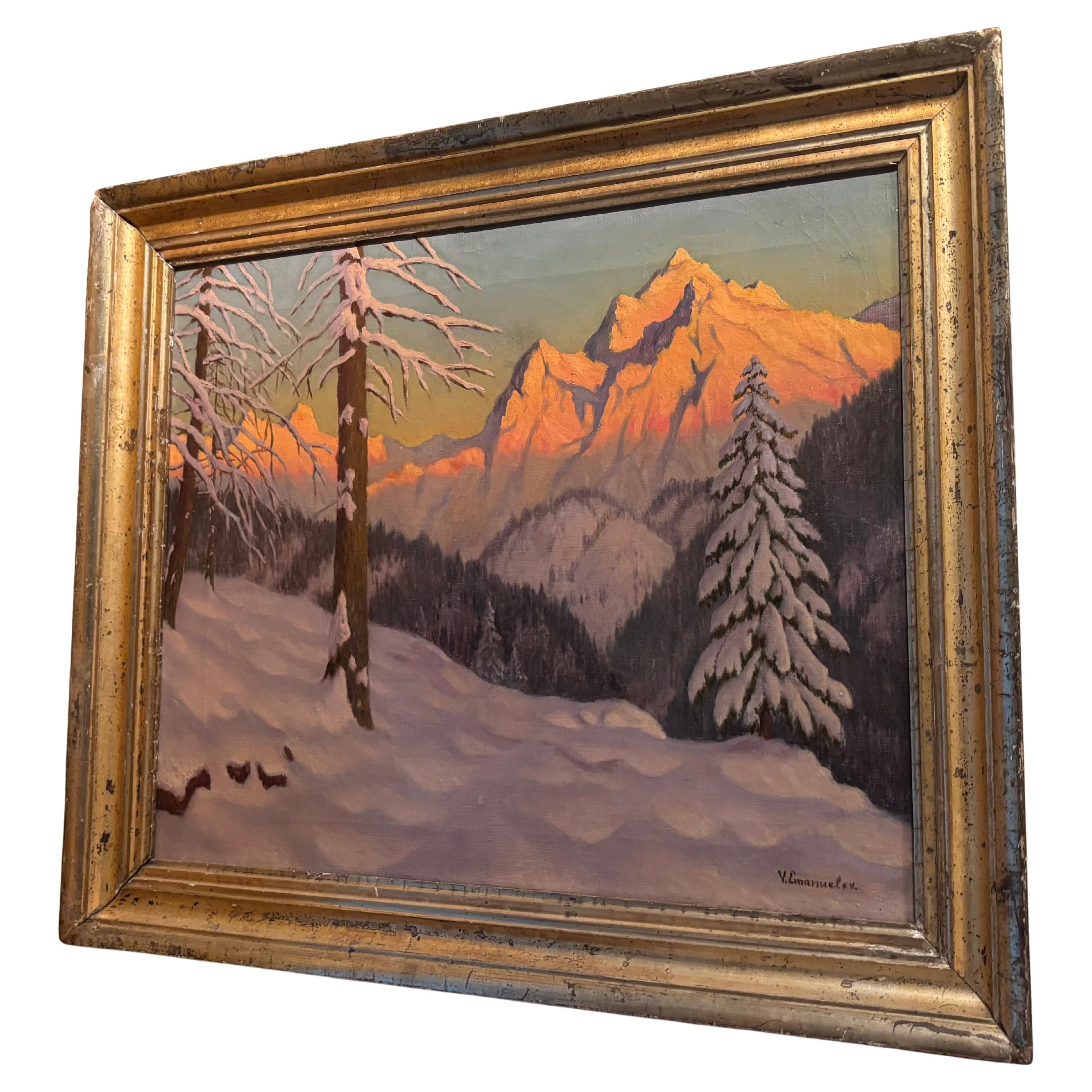 Escena invernal alpina al atardecer del artista ruso Victor Emanuelov