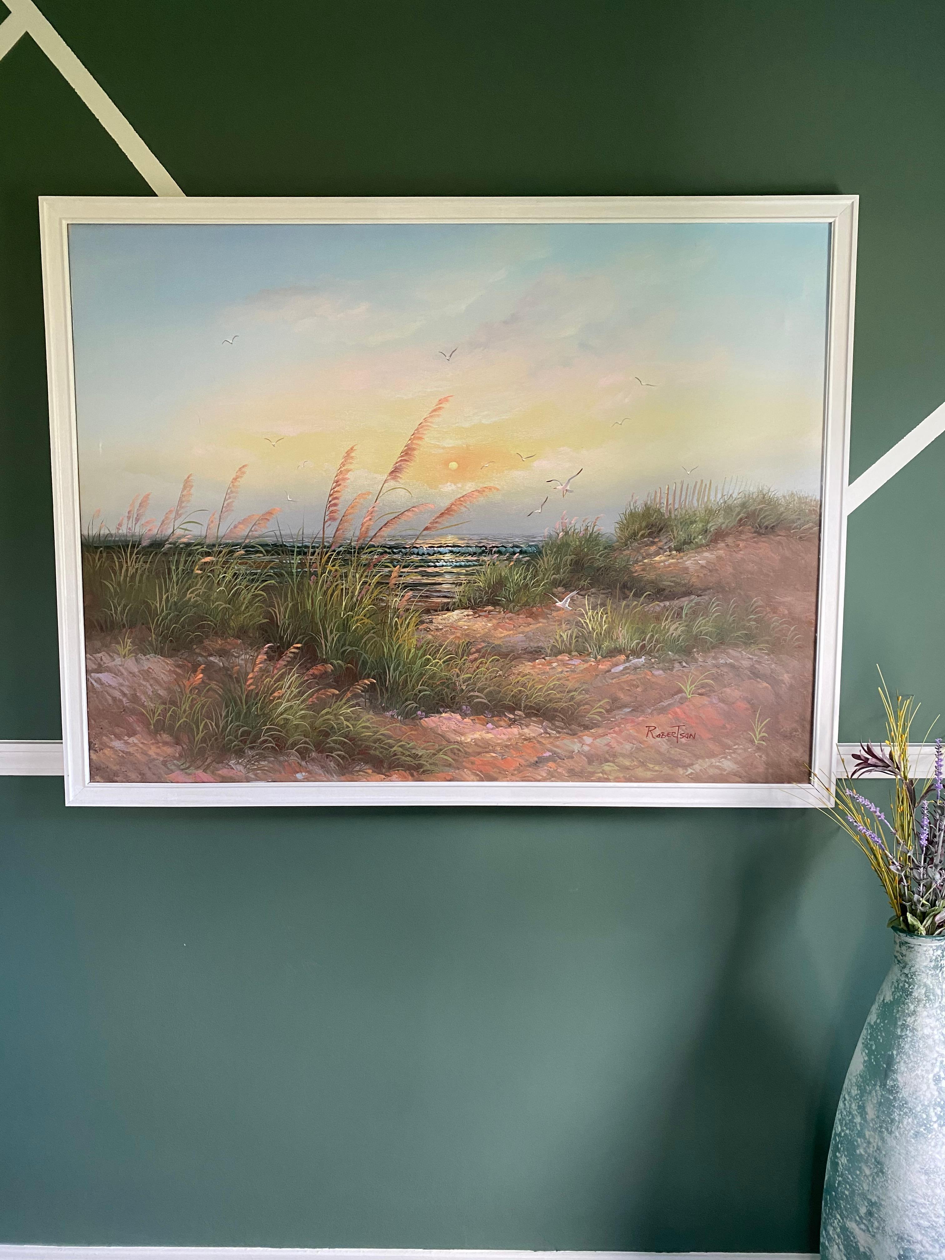 XXIe siècle et contemporain « Sunset at the Beach », peinture à l'huile contemporaine d'un paysage côtier, encadrée en vente