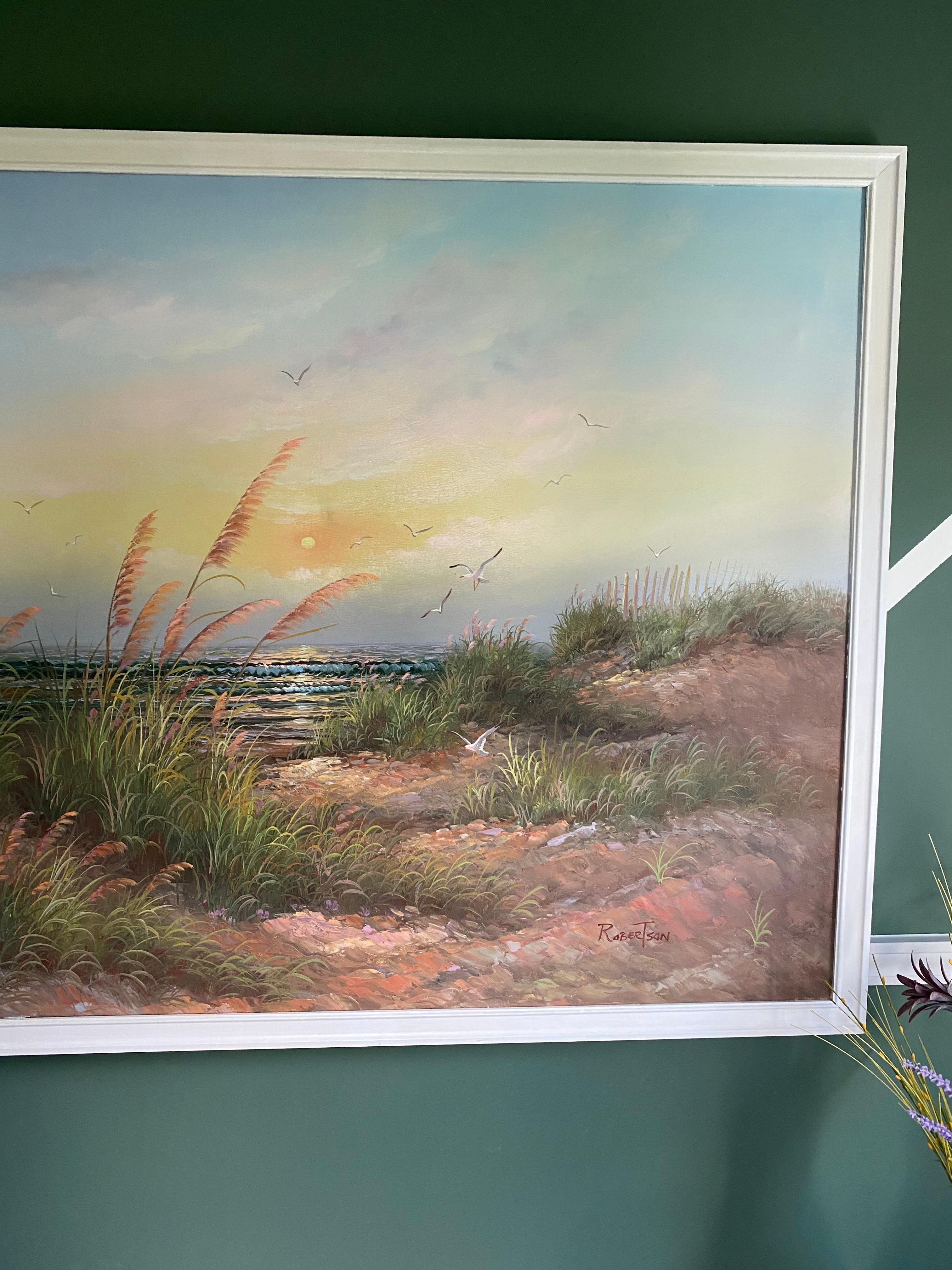« Sunset at the Beach », peinture à l'huile contemporaine d'un paysage côtier, encadrée en vente 4