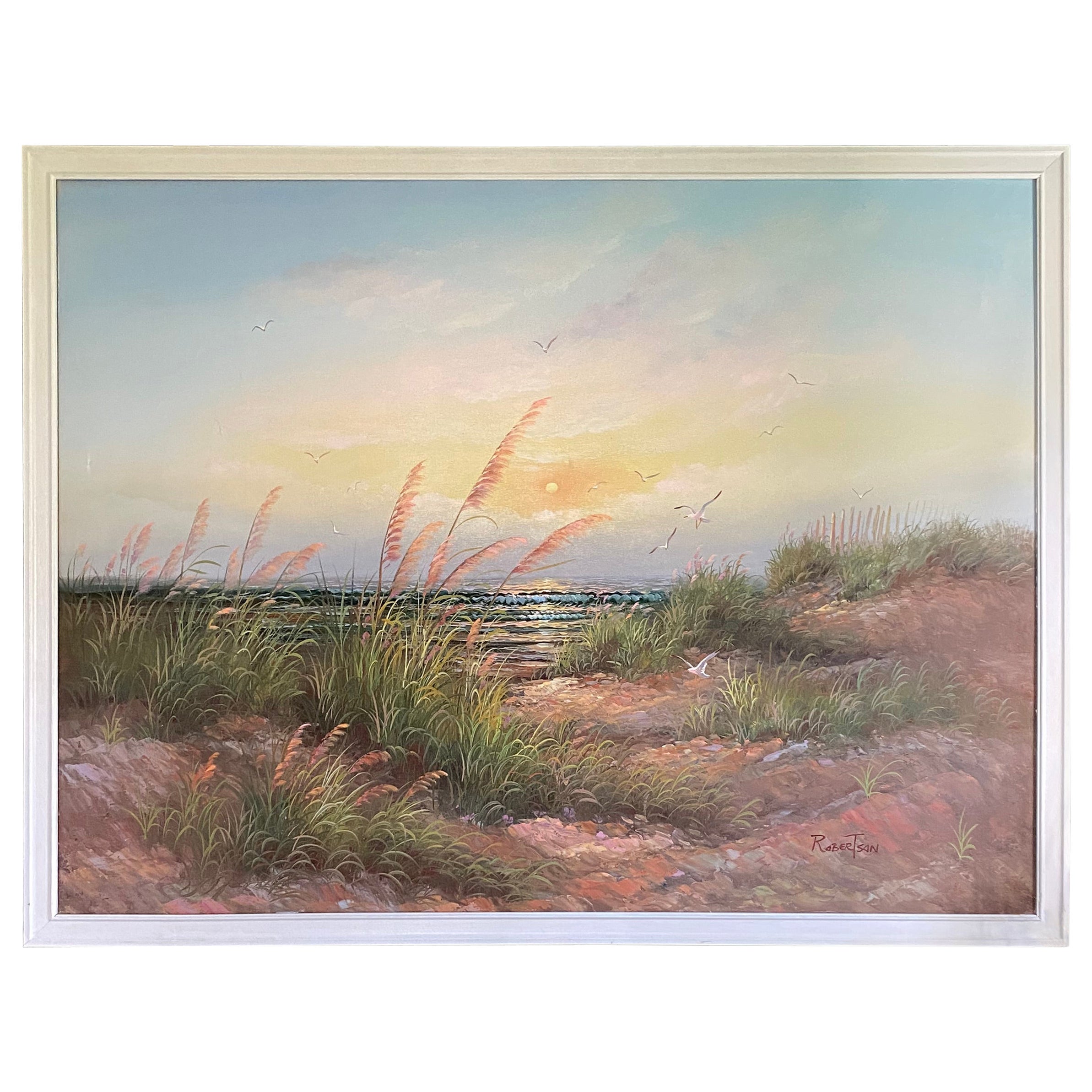 Zeitgenössische Küstenlandschaft, Ölgemälde, gerahmt, „Sonnenuntergang am Strand“