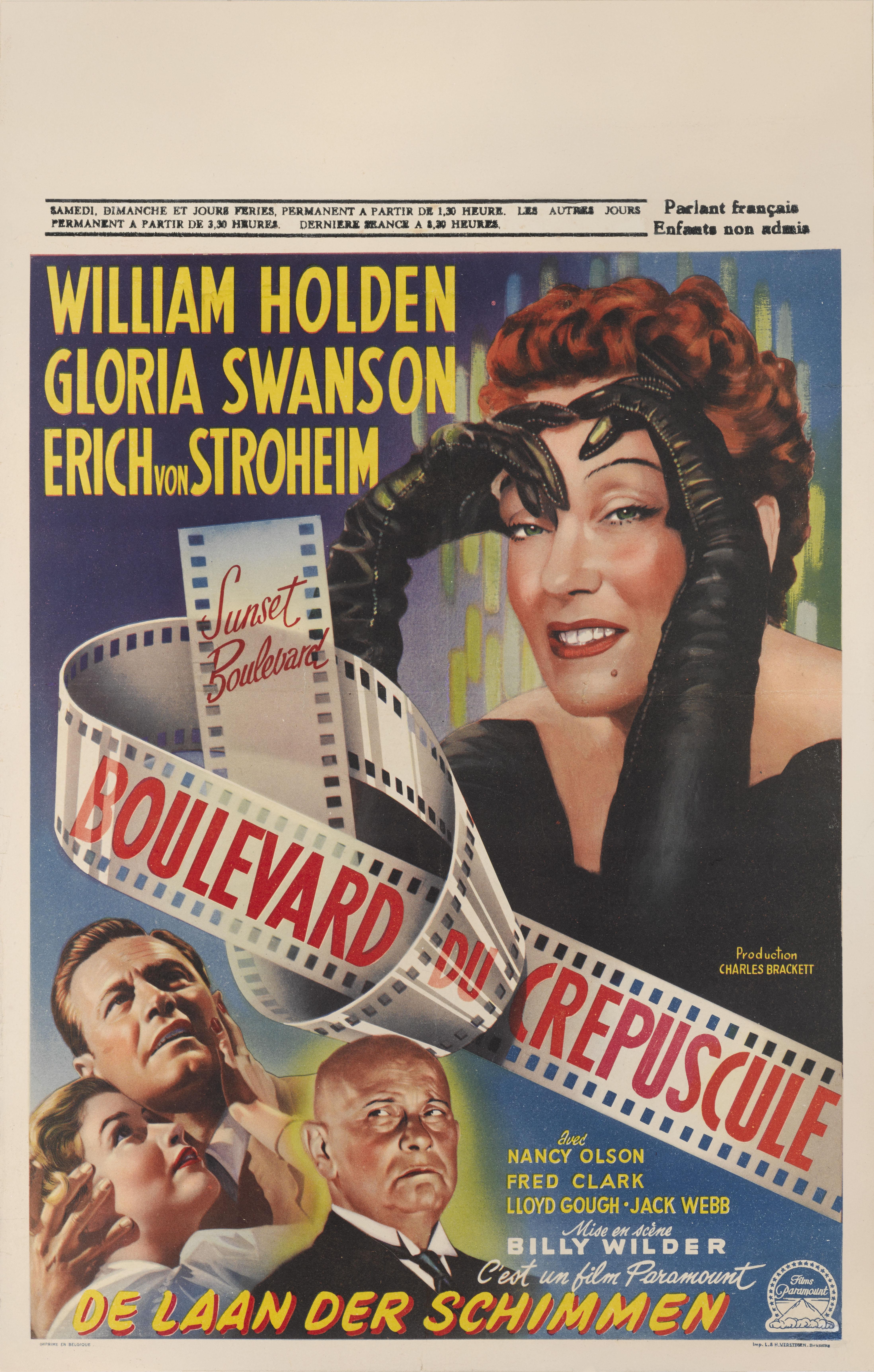 Locandina originale belga del film noir americano diretto e co-scritto da Billy Wilder e prodotto e co-scritto da Charles Brackett. Il film è interpretato da William Williams, Gloria Swanson e Errich von Stroheim. Il film è stato candidato a undici