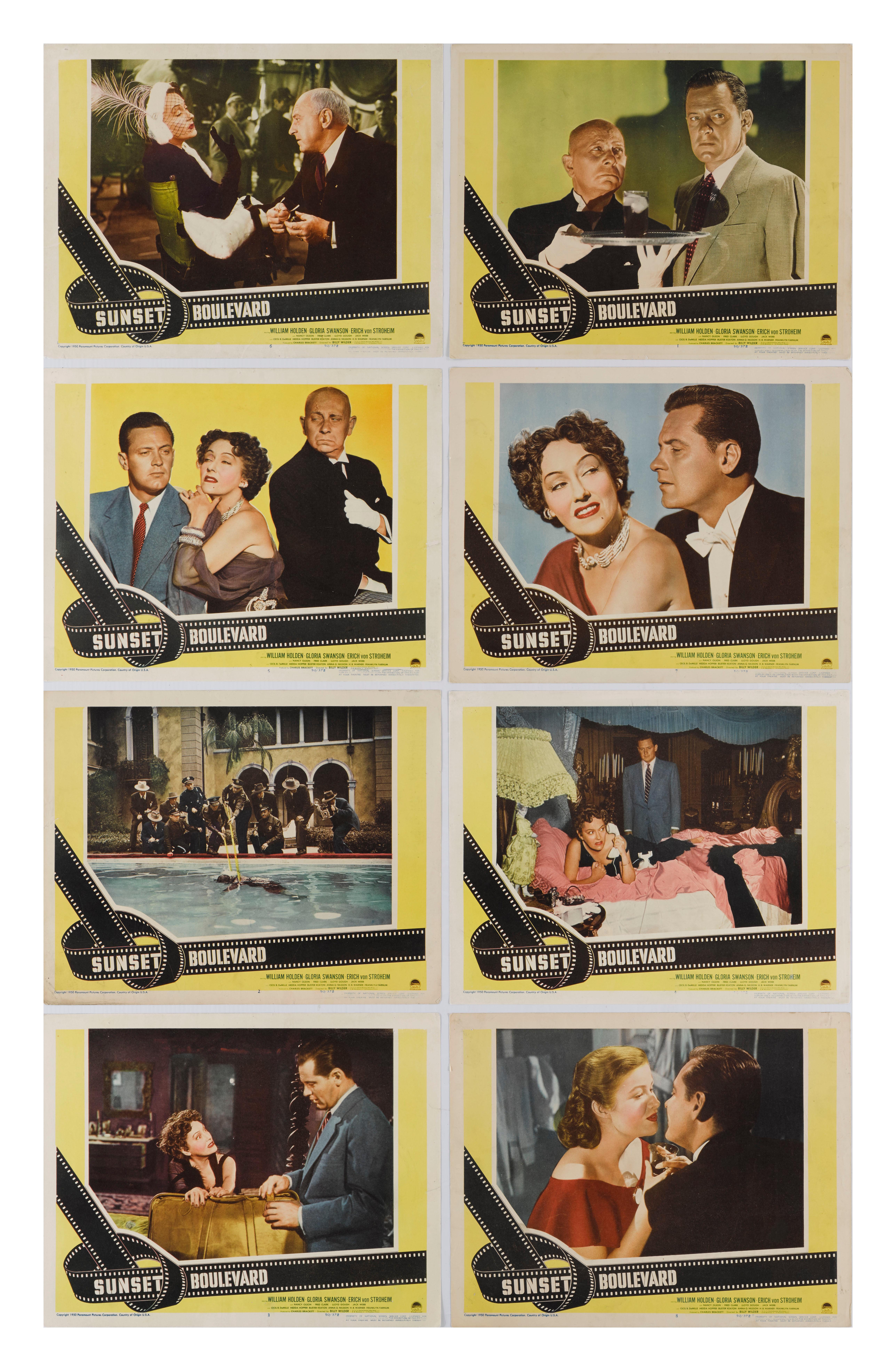 Original US full set of 8 lobby cards for this American film noir directed and co-written by Billy Wilder, and produced and co-written by Charles Brackett. The film stars William Holden, Gloria Swanson and Errich von Stroheim. The film was nominated