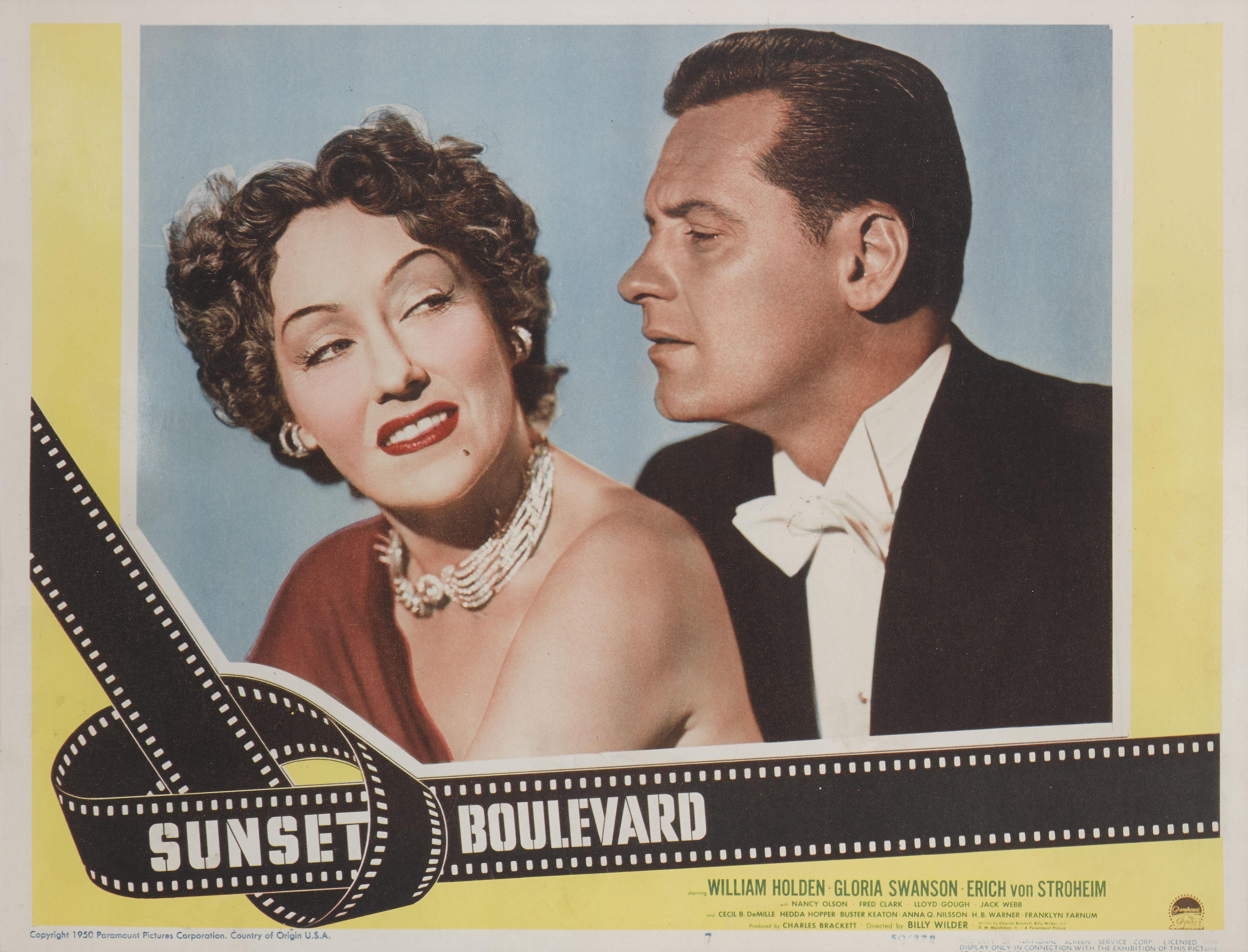 Original US lobby card number 7 for the American film noir directed and co-written by Billy Wilder, and produced and co-written by Charles Brackett. The film stars William Holden, Gloria Swanson and Errich von Stroheim. The film was nominated for