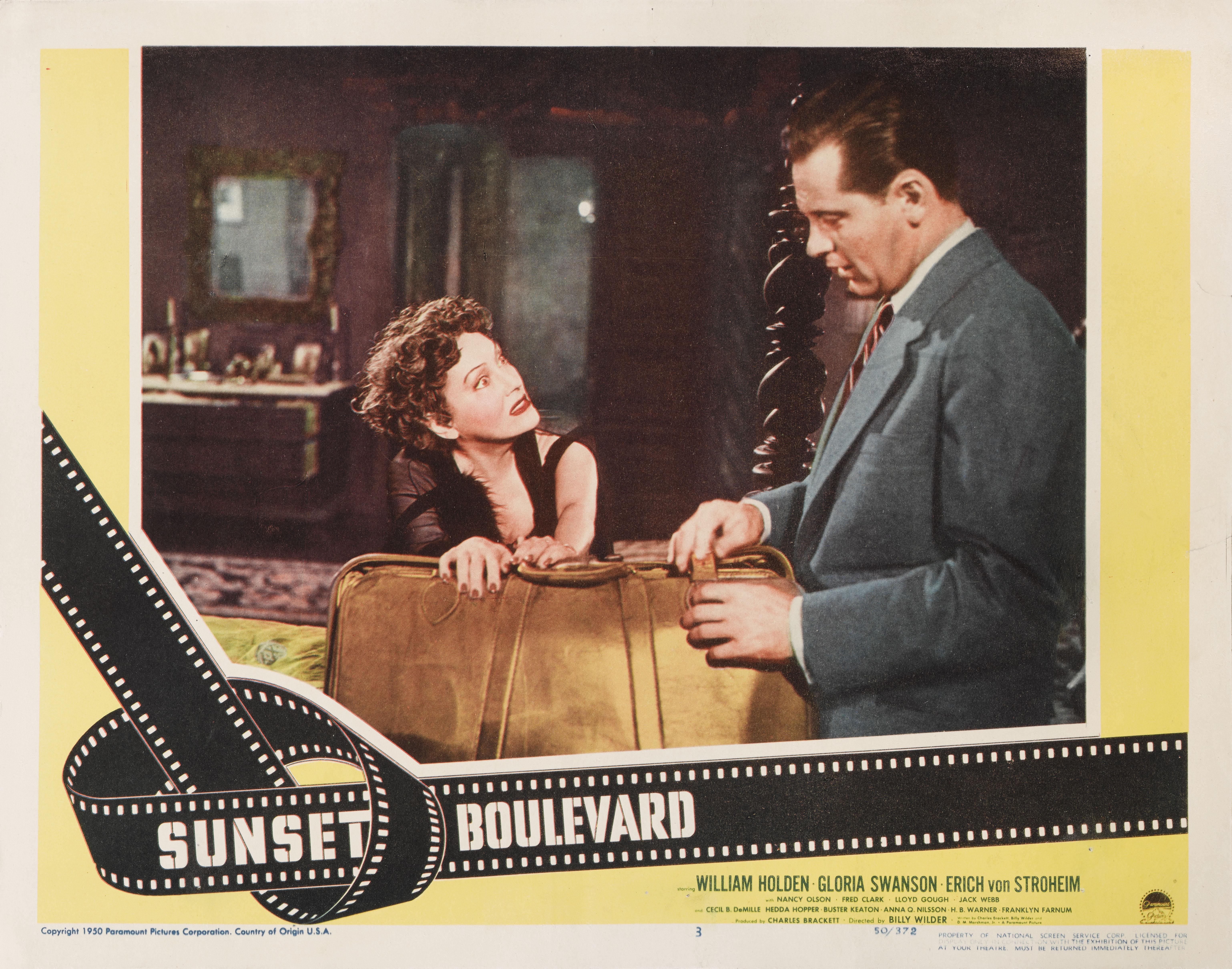 Original US lobby card number 3 for the American film noir directed and co-written by Billy Wilder, and produced and co-written by Charles Brackett. The film stars William Holden, Gloria Swanson and Errich von Stroheim. The film was nominated for