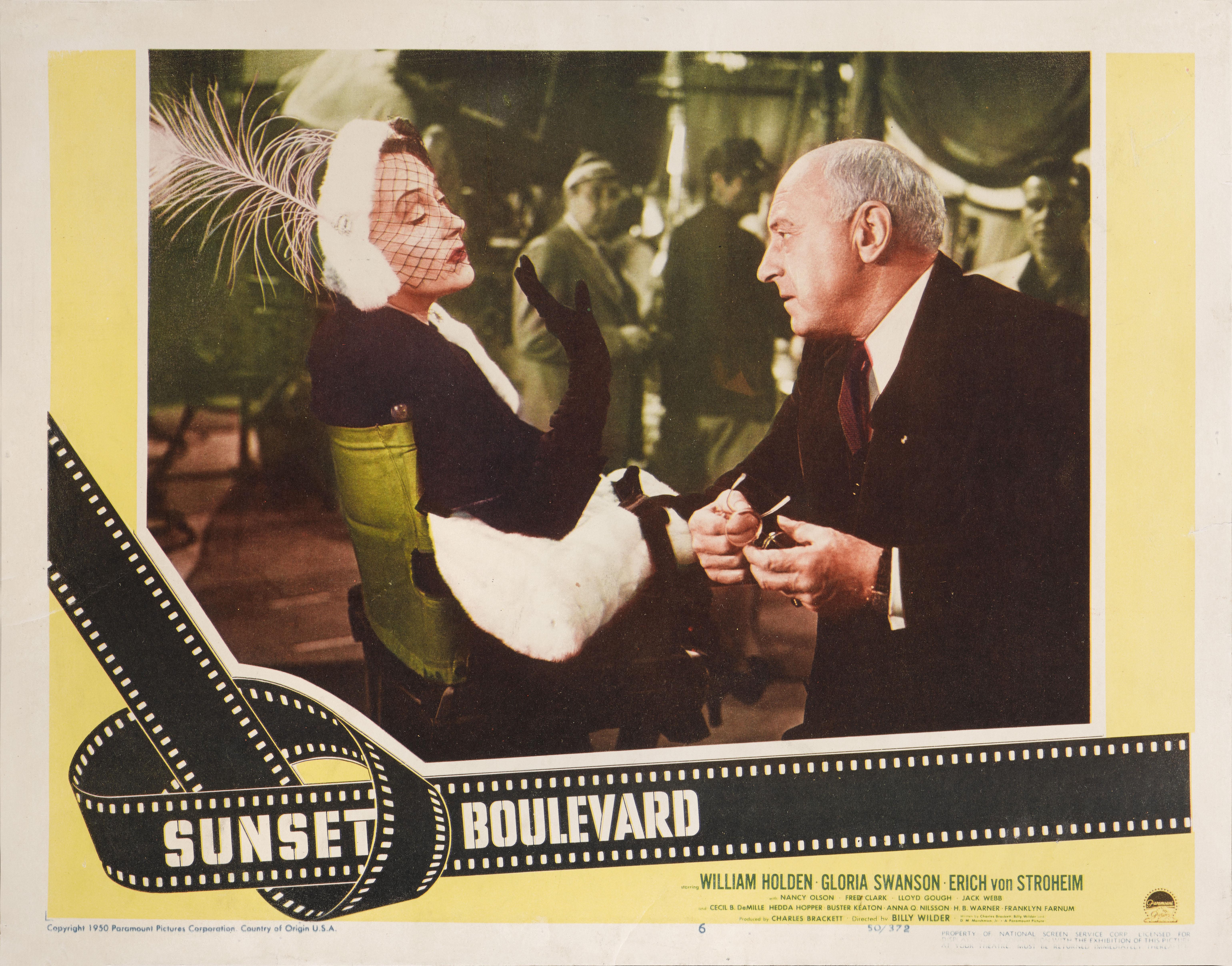 Original US lobby card number 6 for the American film noir directed and co-written by Billy Wilder, and produced and co-written by Charles Brackett. The film stars William Holden, Gloria Swanson and Errich von Stroheim. The film was nominated for